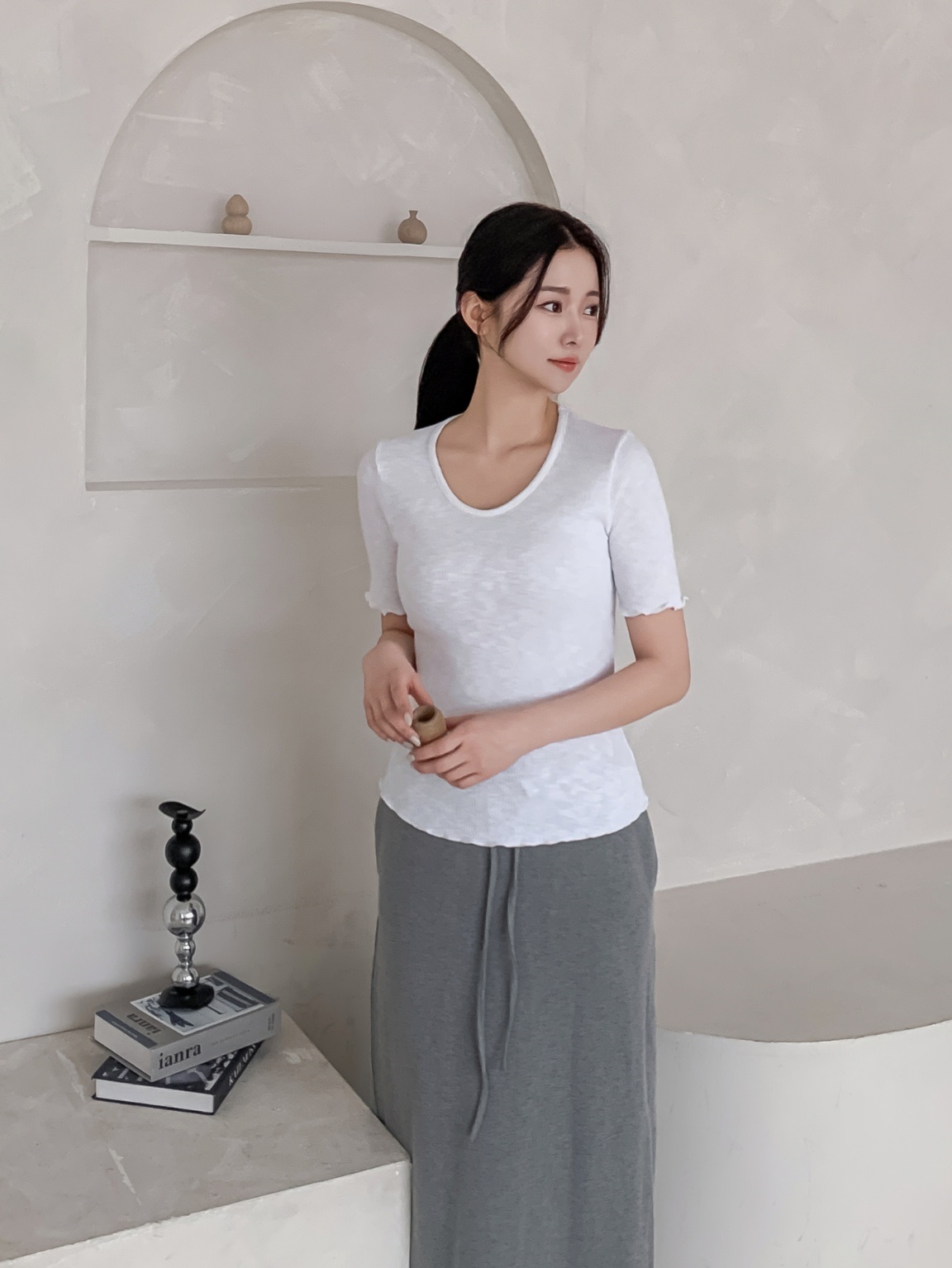 リブラウンドネックメロウスリム半袖無地Tシャツ | 詳細画像13