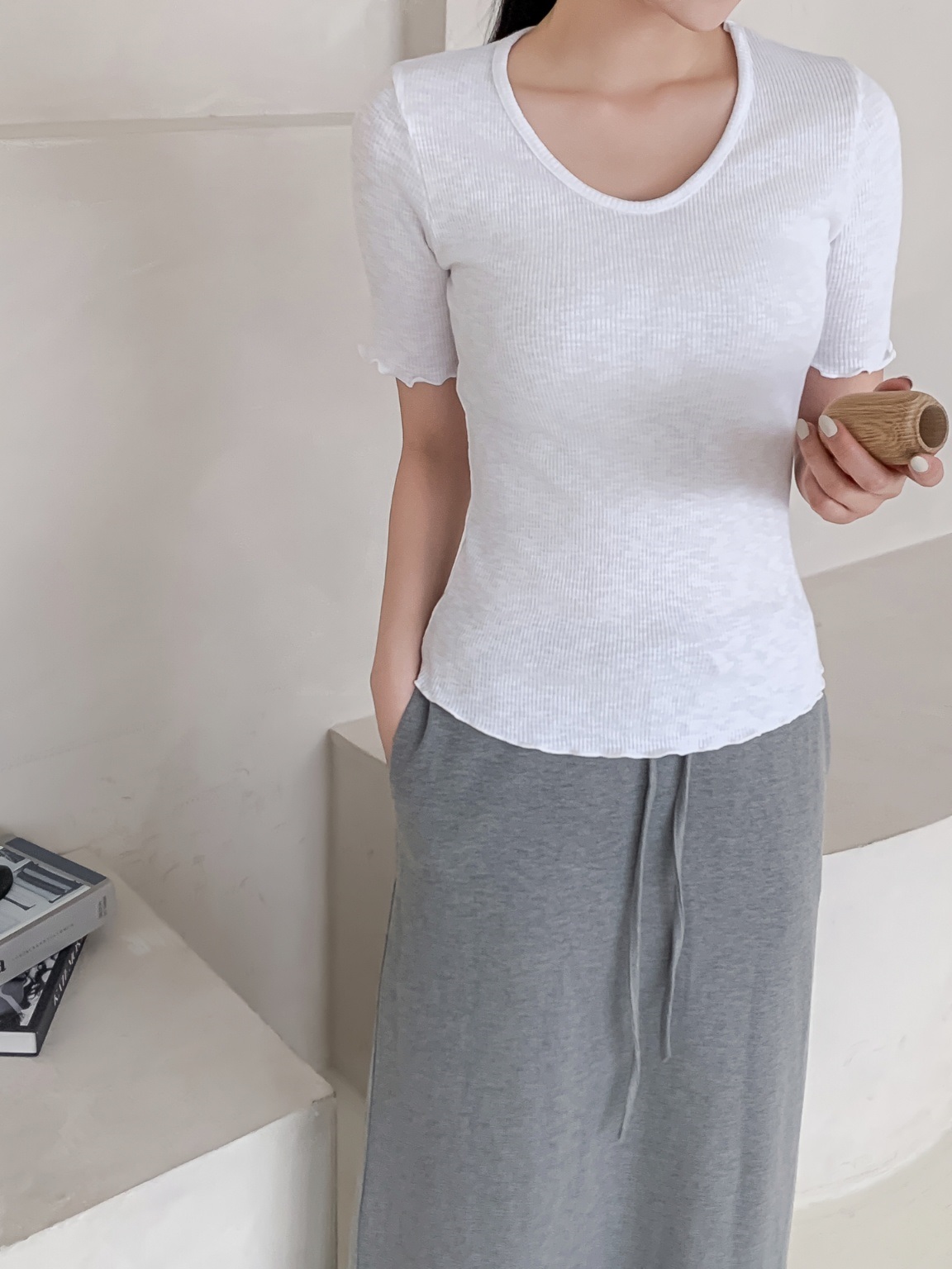 リブラウンドネックメロウスリム半袖無地Tシャツ | 詳細画像14