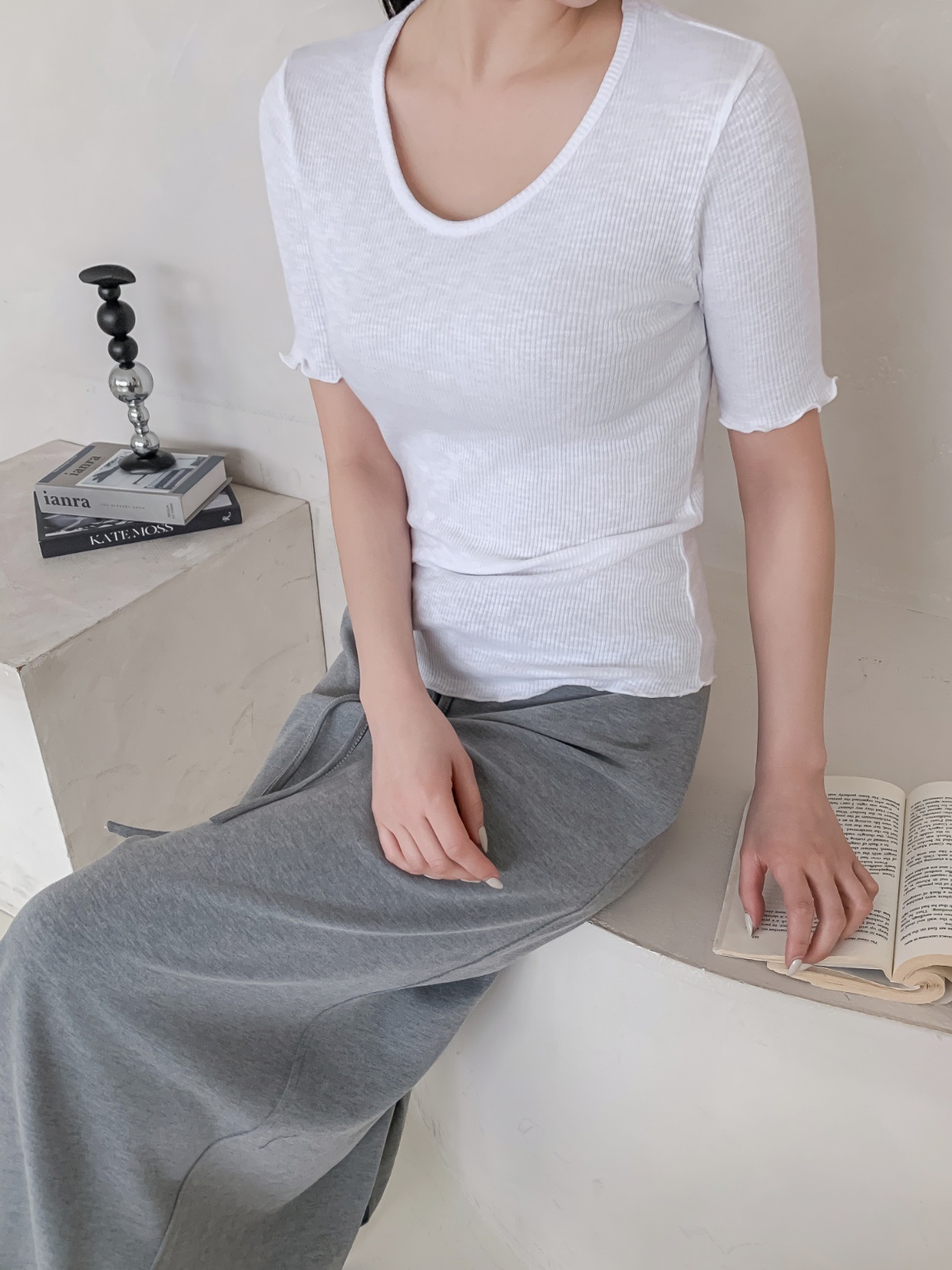 リブラウンドネックメロウスリム半袖無地Tシャツ | 詳細画像17