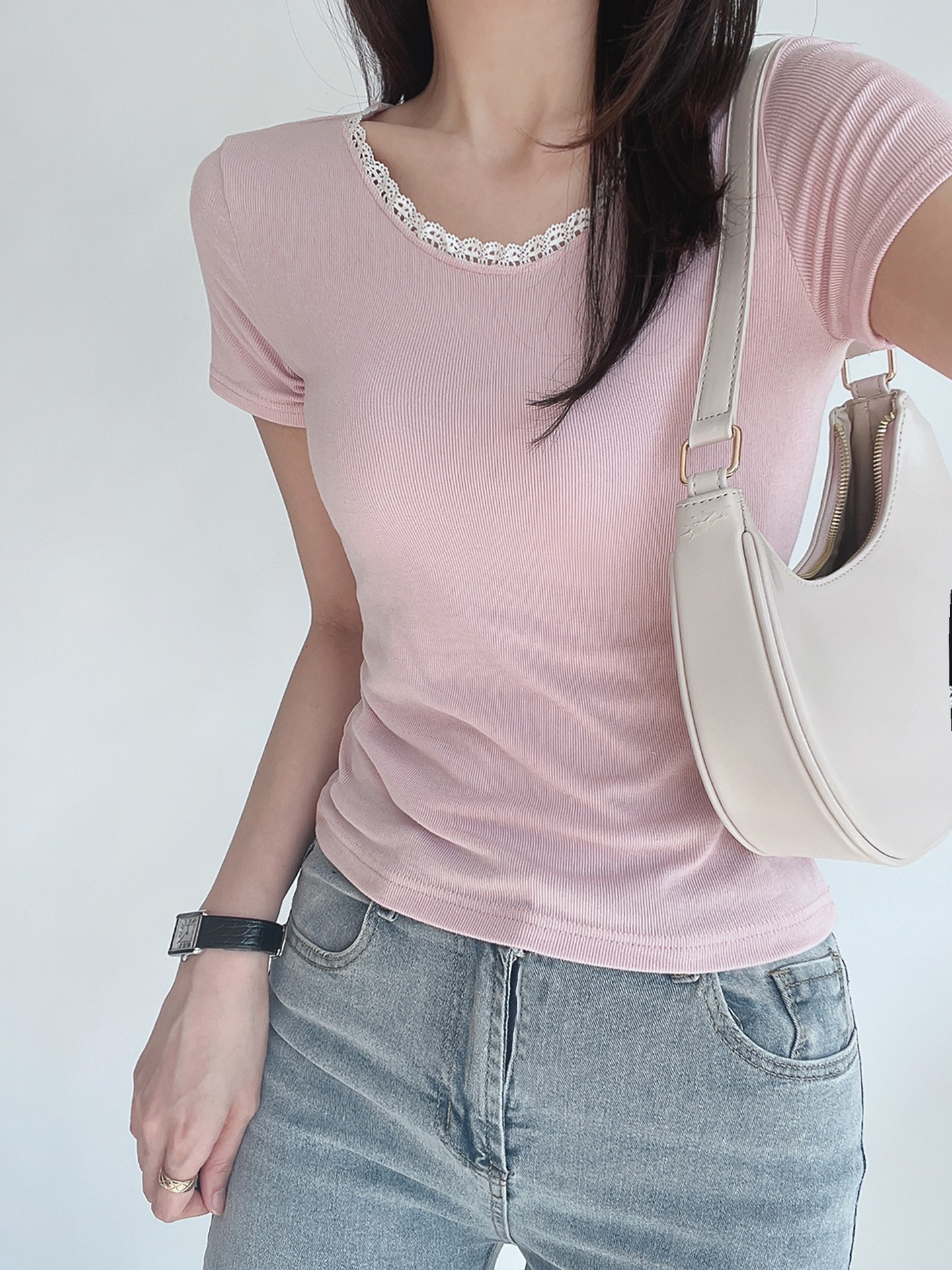 リブレースコンビラウンドネックキャップスリーブスリム半袖セミクロップド無地Tシャツ | 詳細画像3