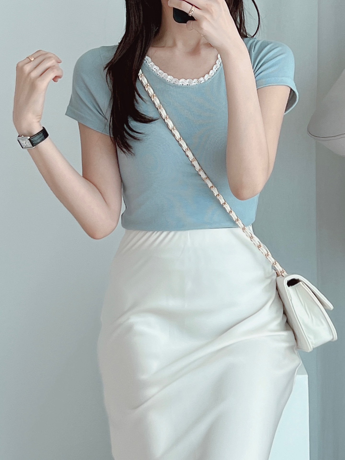 リブレースコンビラウンドネックキャップスリーブスリム半袖セミクロップド無地Tシャツ | 詳細画像5