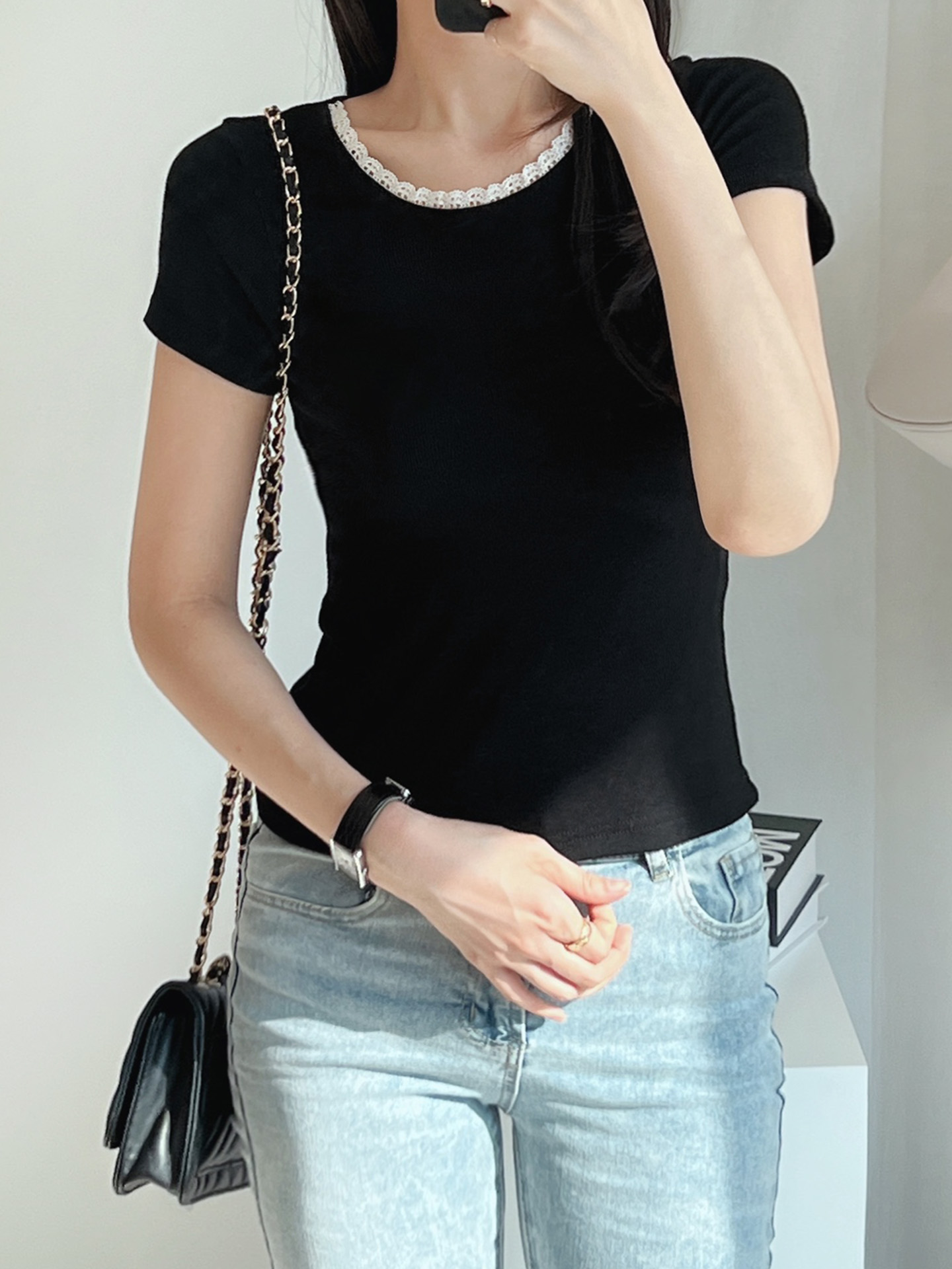 リブレースコンビラウンドネックキャップスリーブスリム半袖セミクロップド無地Tシャツ | 詳細画像7