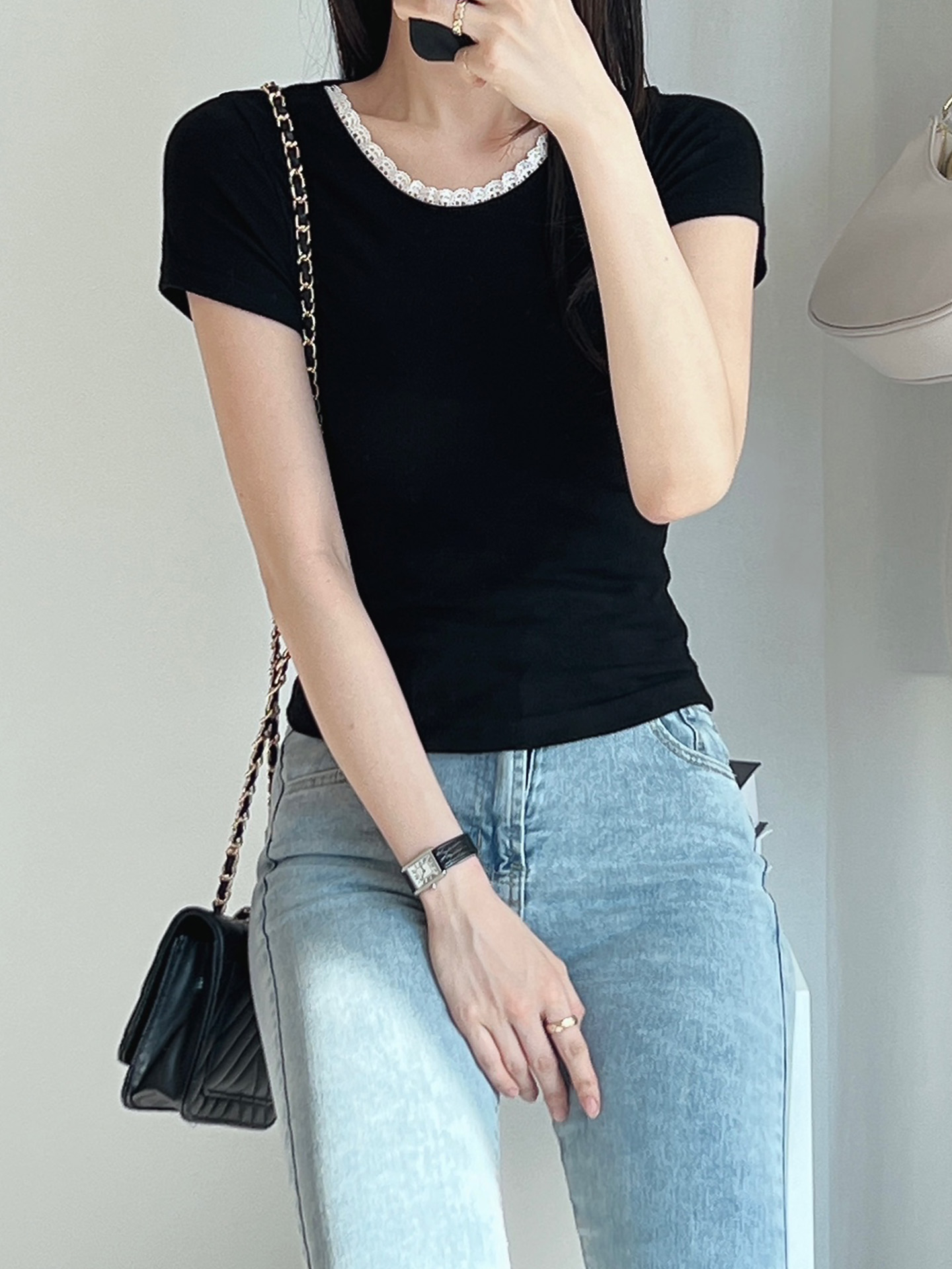 リブレースコンビラウンドネックキャップスリーブスリム半袖セミクロップド無地Tシャツ | 詳細画像8