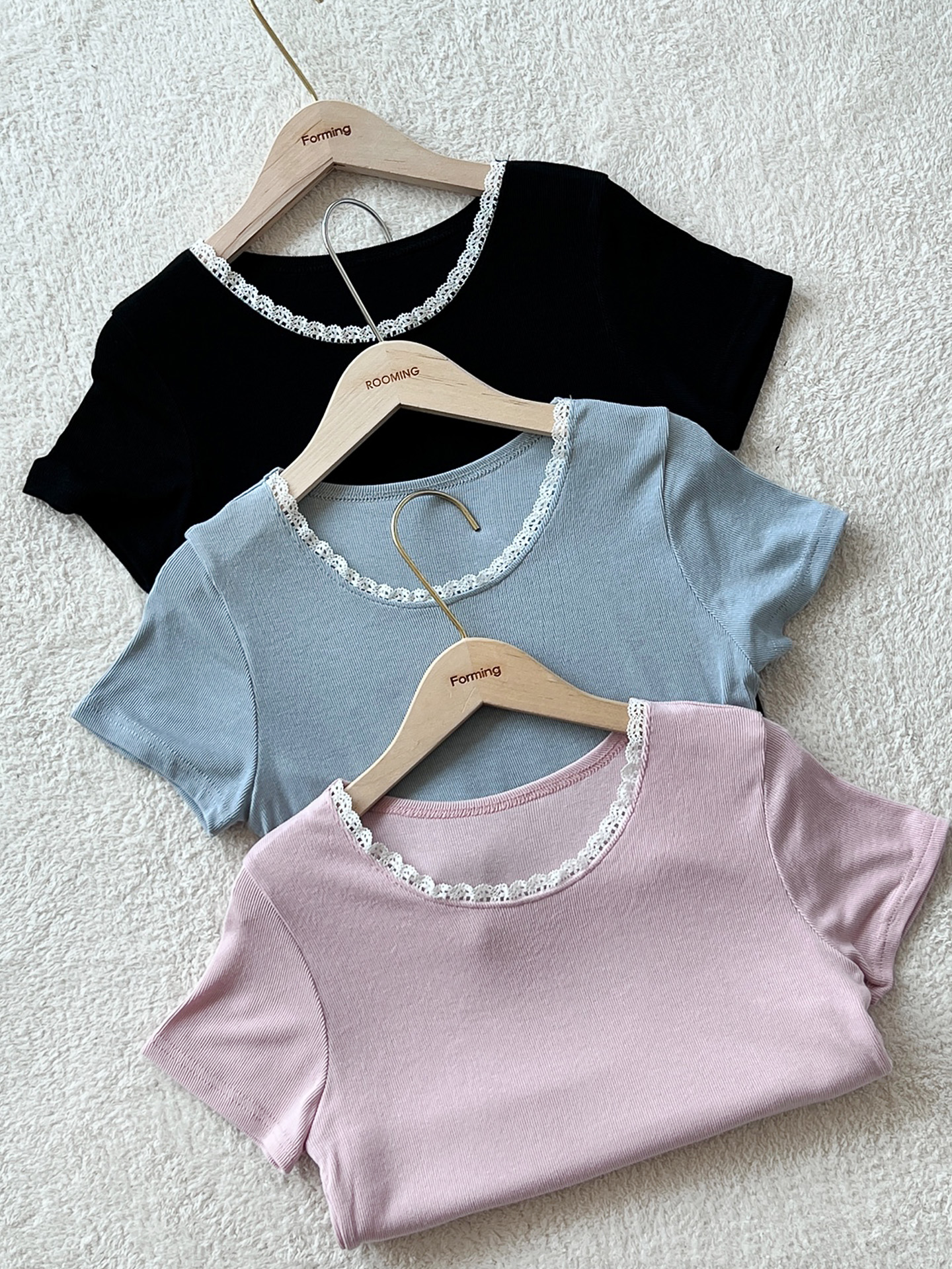 リブレースコンビラウンドネックキャップスリーブスリム半袖セミクロップド無地Tシャツ | 詳細画像9