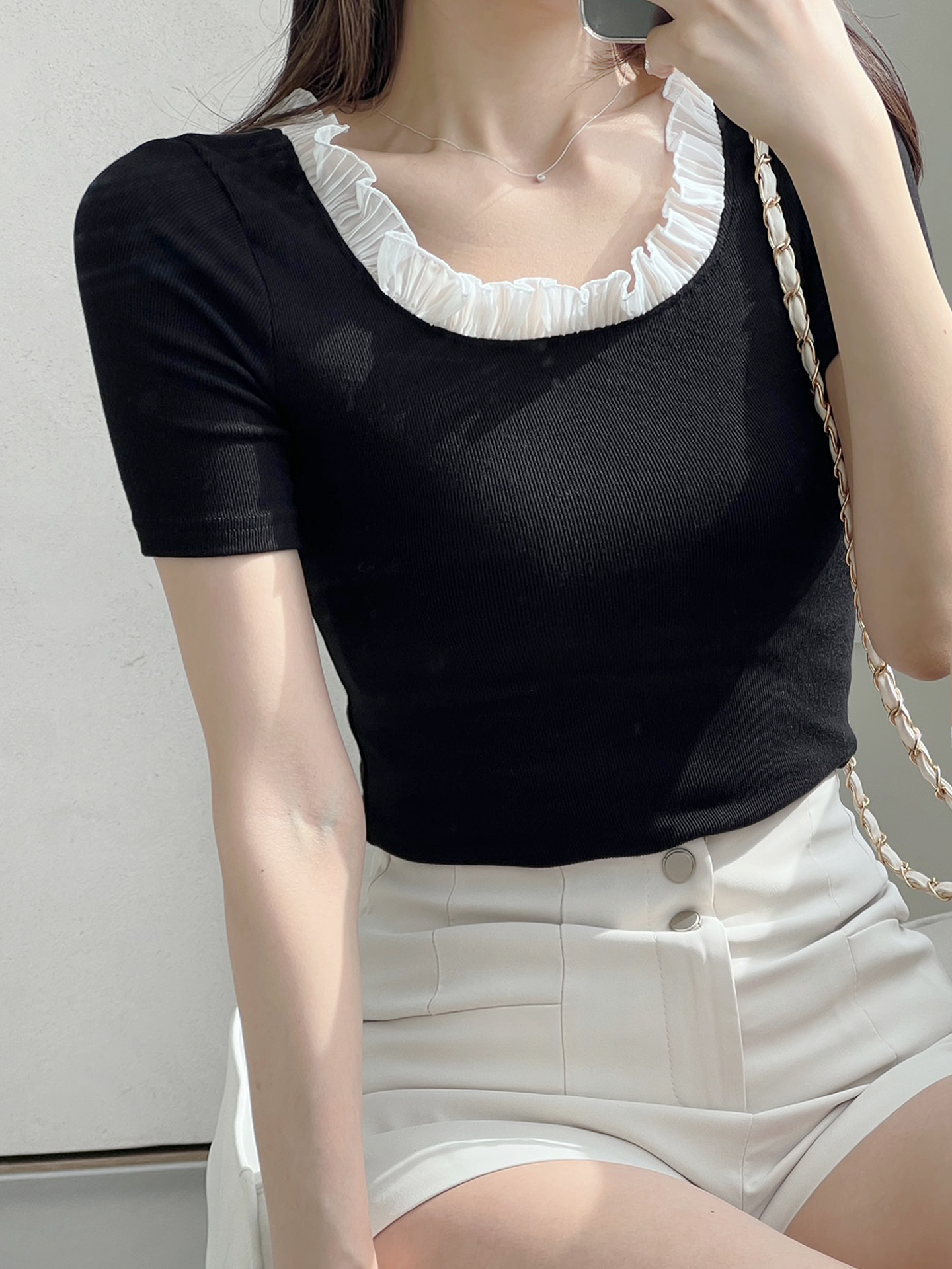 レースストレッチコンビスリム半袖マーメイドフリル ネック無地Tシャツ | 詳細画像2