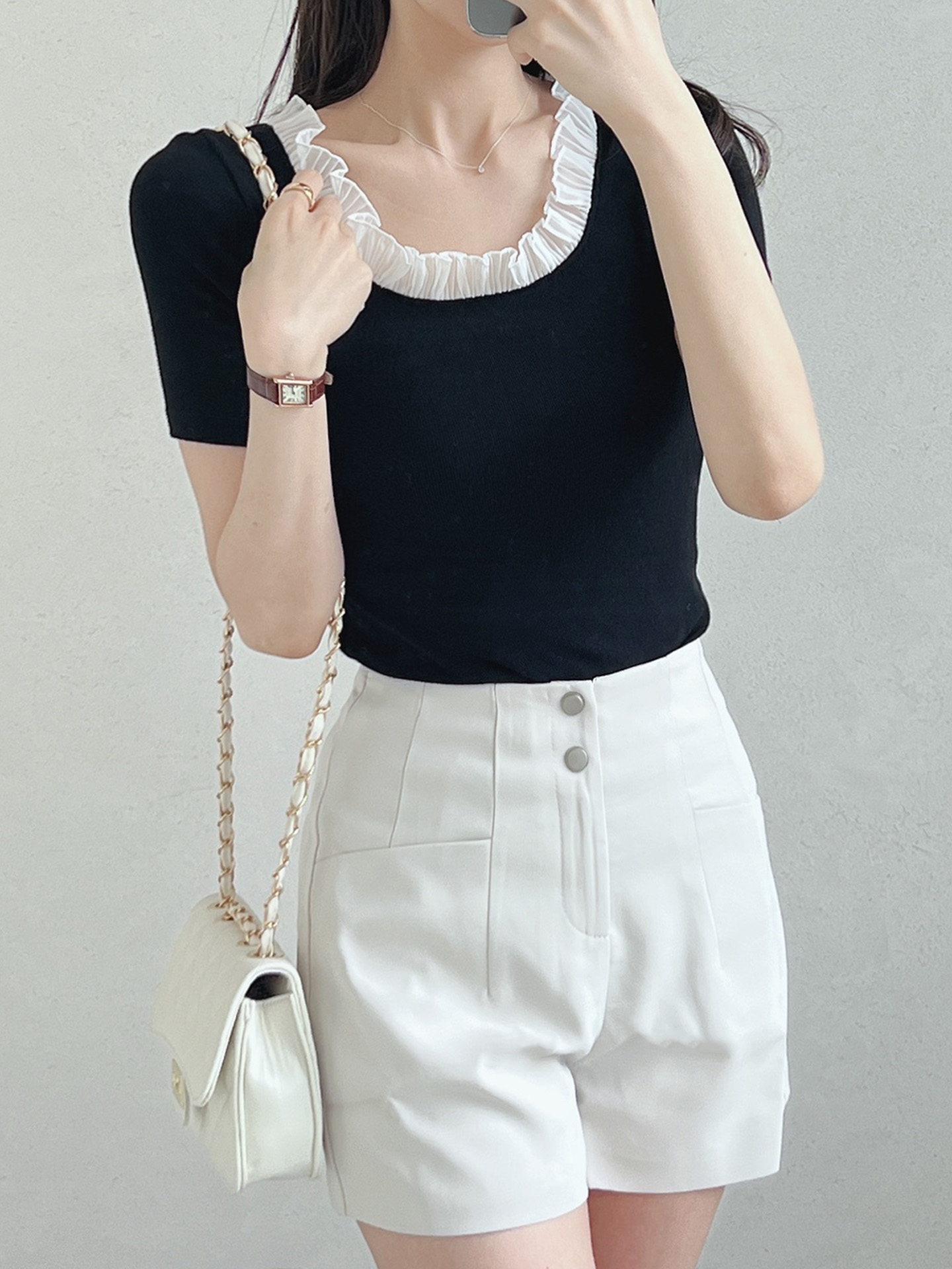 レースストレッチコンビスリム半袖マーメイドフリル ネック無地Tシャツ | 詳細画像5