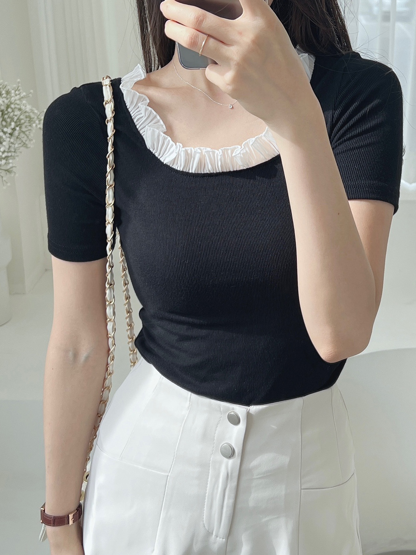 レースストレッチコンビスリム半袖マーメイドフリル ネック無地Tシャツ | 詳細画像3