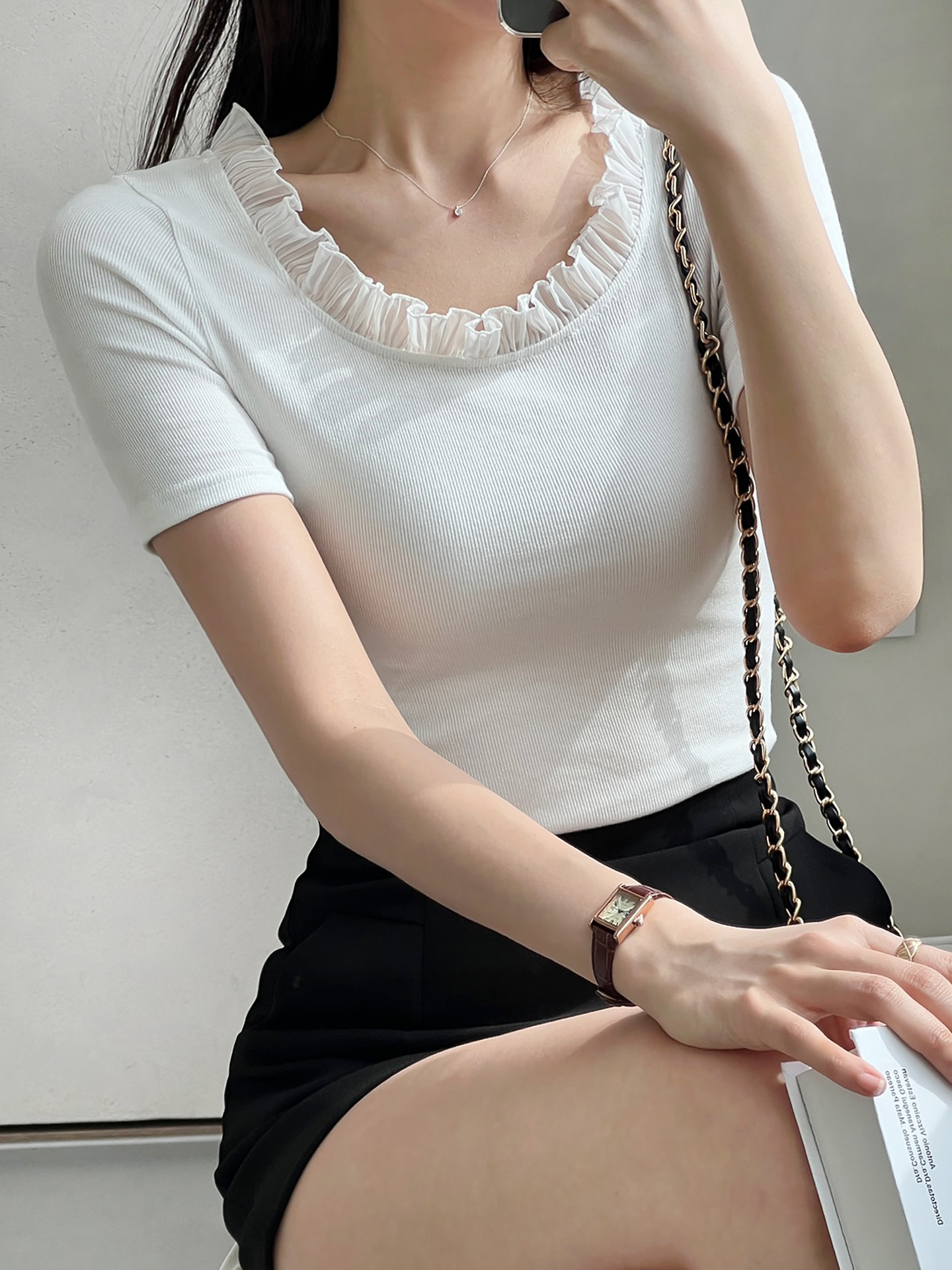 レースストレッチコンビスリム半袖マーメイドフリル ネック無地Tシャツ | 詳細画像9