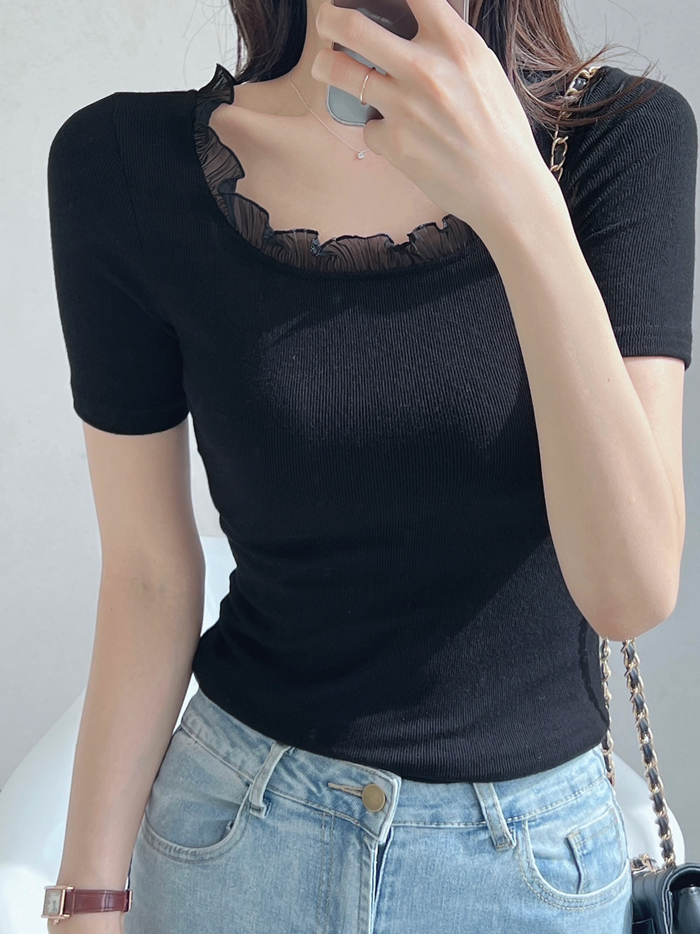 レースストレッチコンビスリム半袖マーメイドフリル ネック無地Tシャツ | 詳細画像14