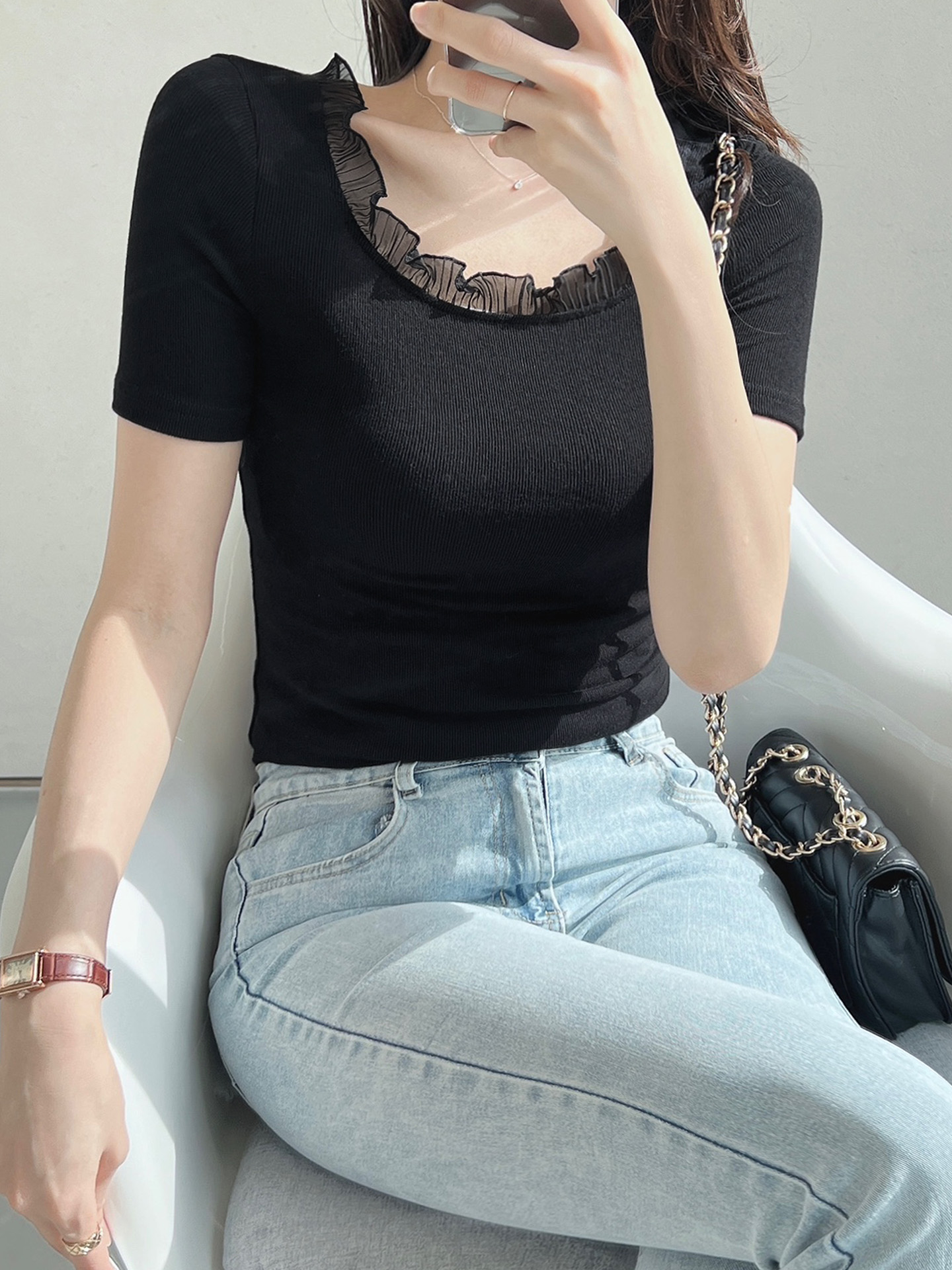 レースストレッチコンビスリム半袖マーメイドフリル ネック無地Tシャツ | 詳細画像15