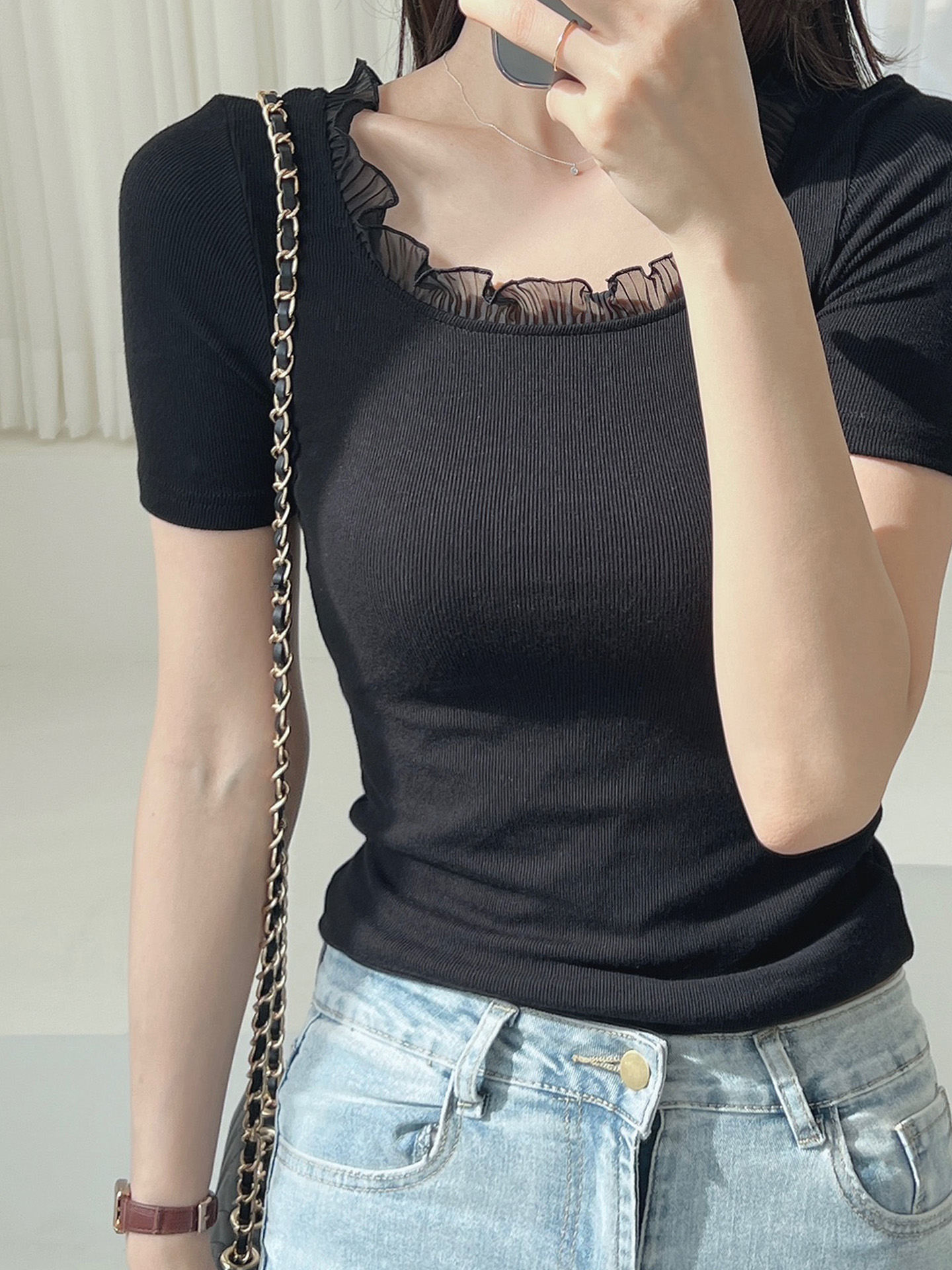 レースストレッチコンビスリム半袖マーメイドフリル ネック無地Tシャツ | 詳細画像16