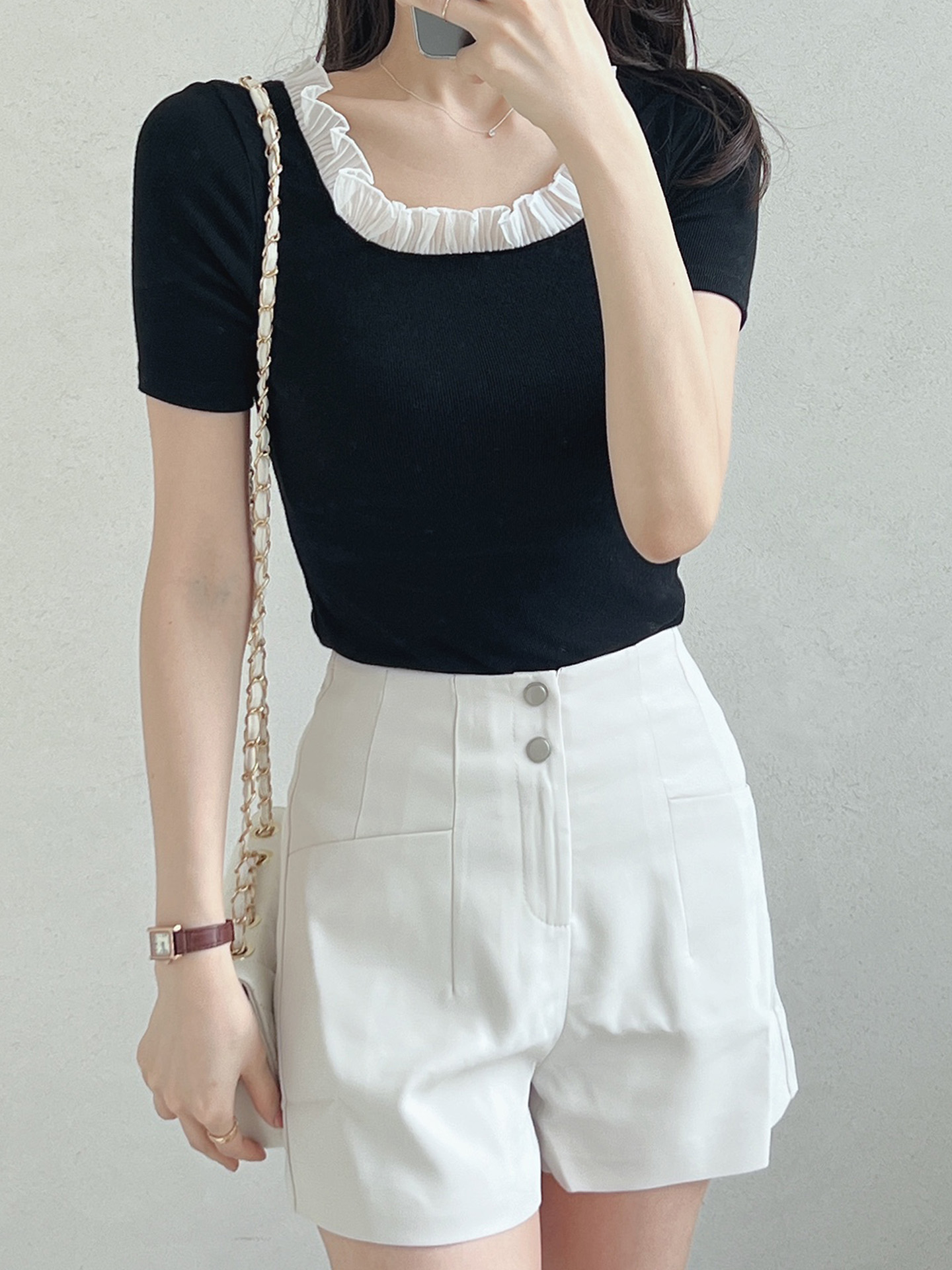 レースストレッチコンビスリム半袖マーメイドフリル ネック無地Tシャツ | 詳細画像7