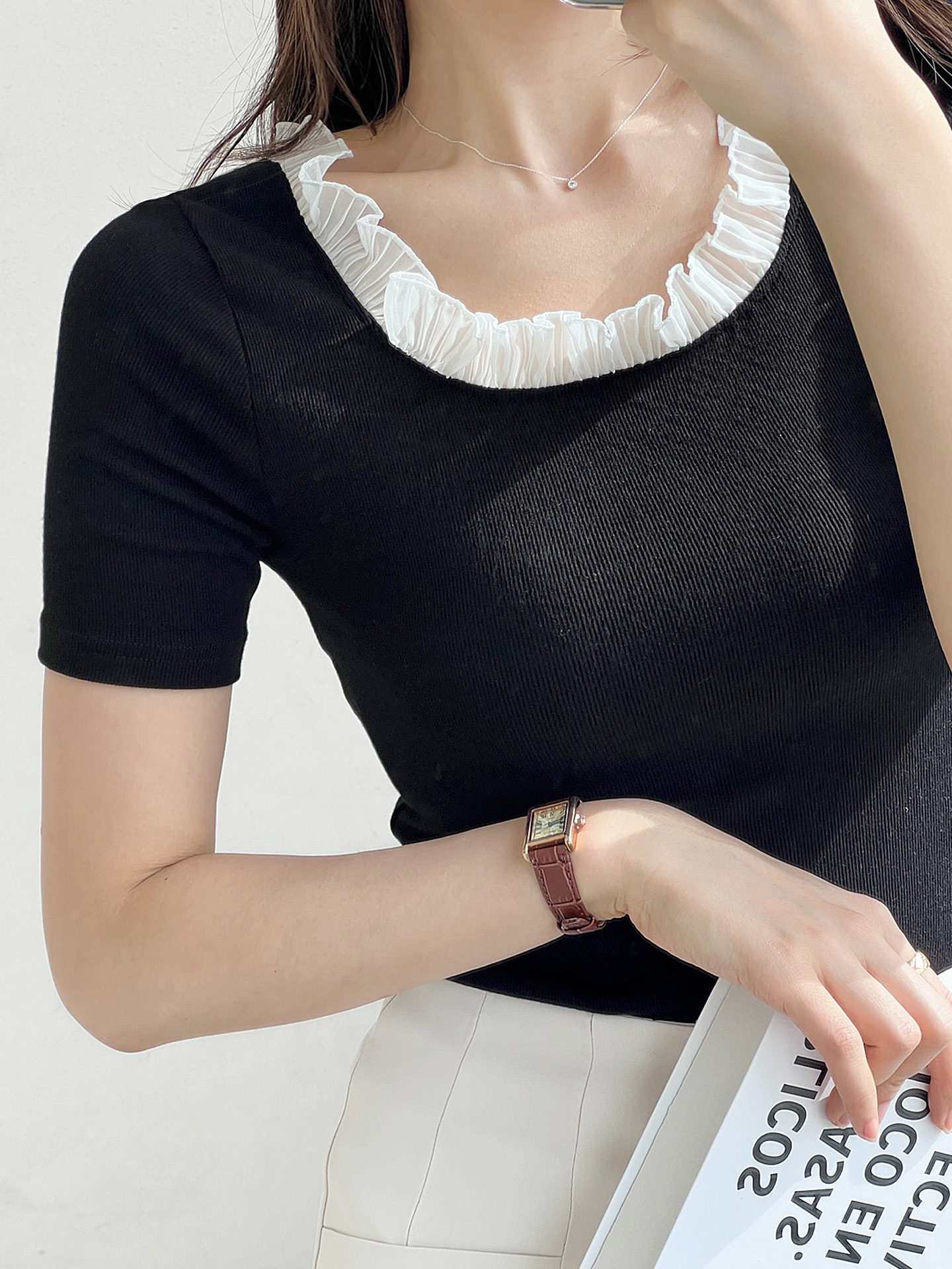 レースストレッチコンビスリム半袖マーメイドフリル ネック無地Tシャツ | 詳細画像8