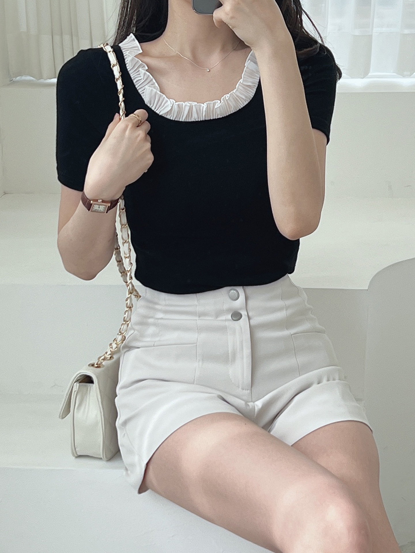 レースストレッチコンビスリム半袖マーメイドフリル ネック無地Tシャツ | 詳細画像4