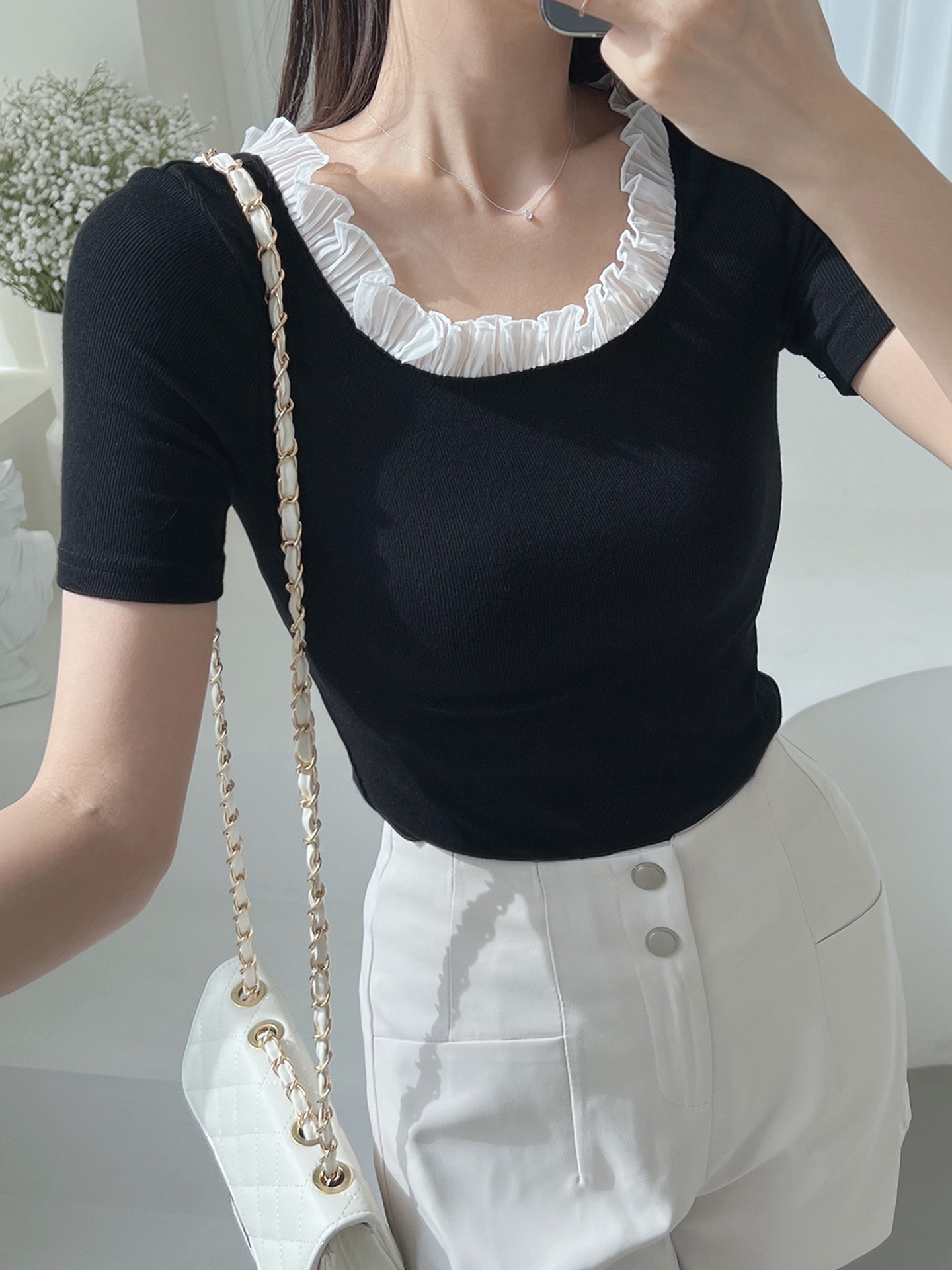 レースストレッチコンビスリム半袖マーメイドフリル ネック無地Tシャツ | 詳細画像6