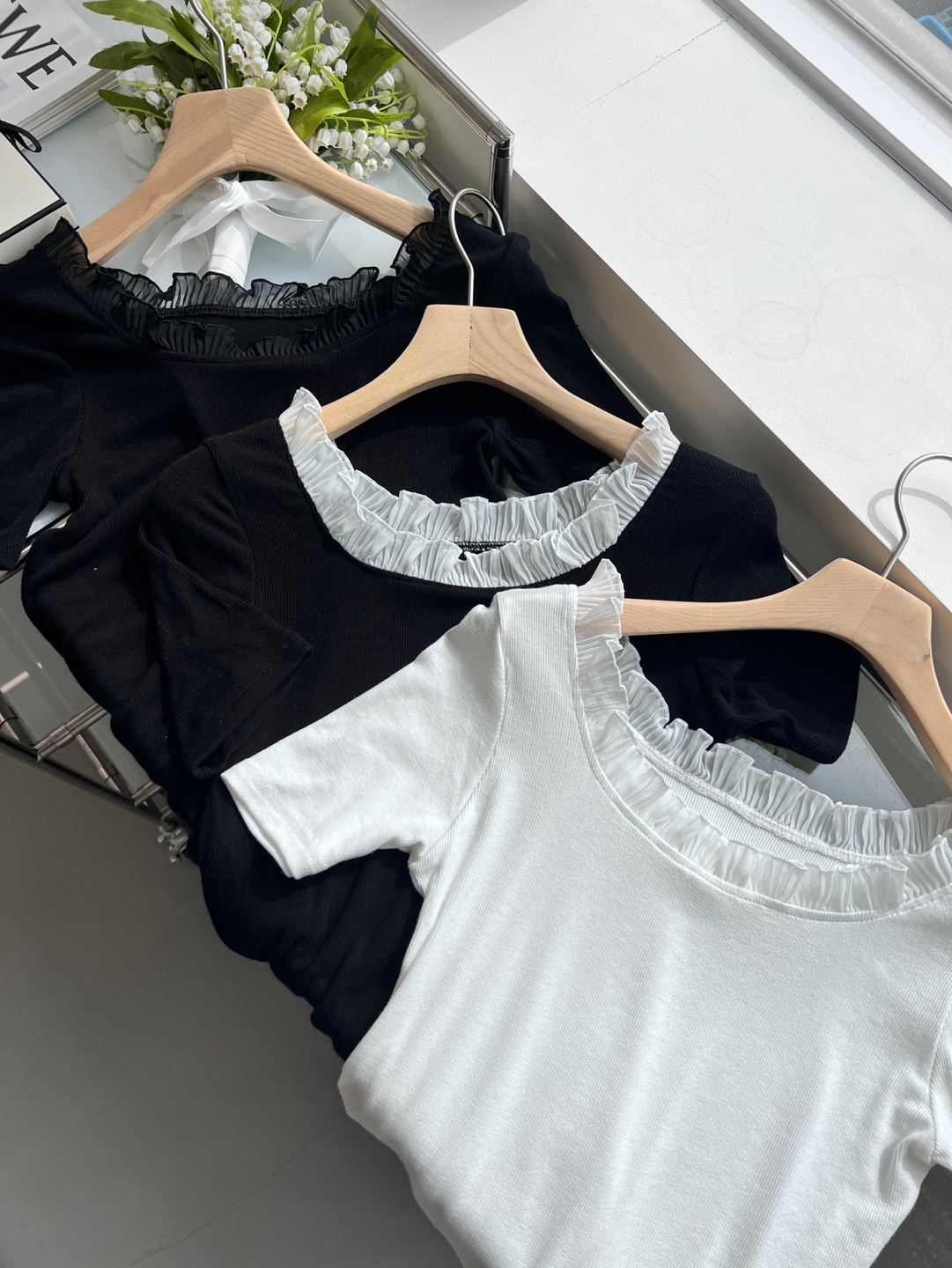 レースストレッチコンビスリム半袖マーメイドフリル ネック無地Tシャツ | 詳細画像17