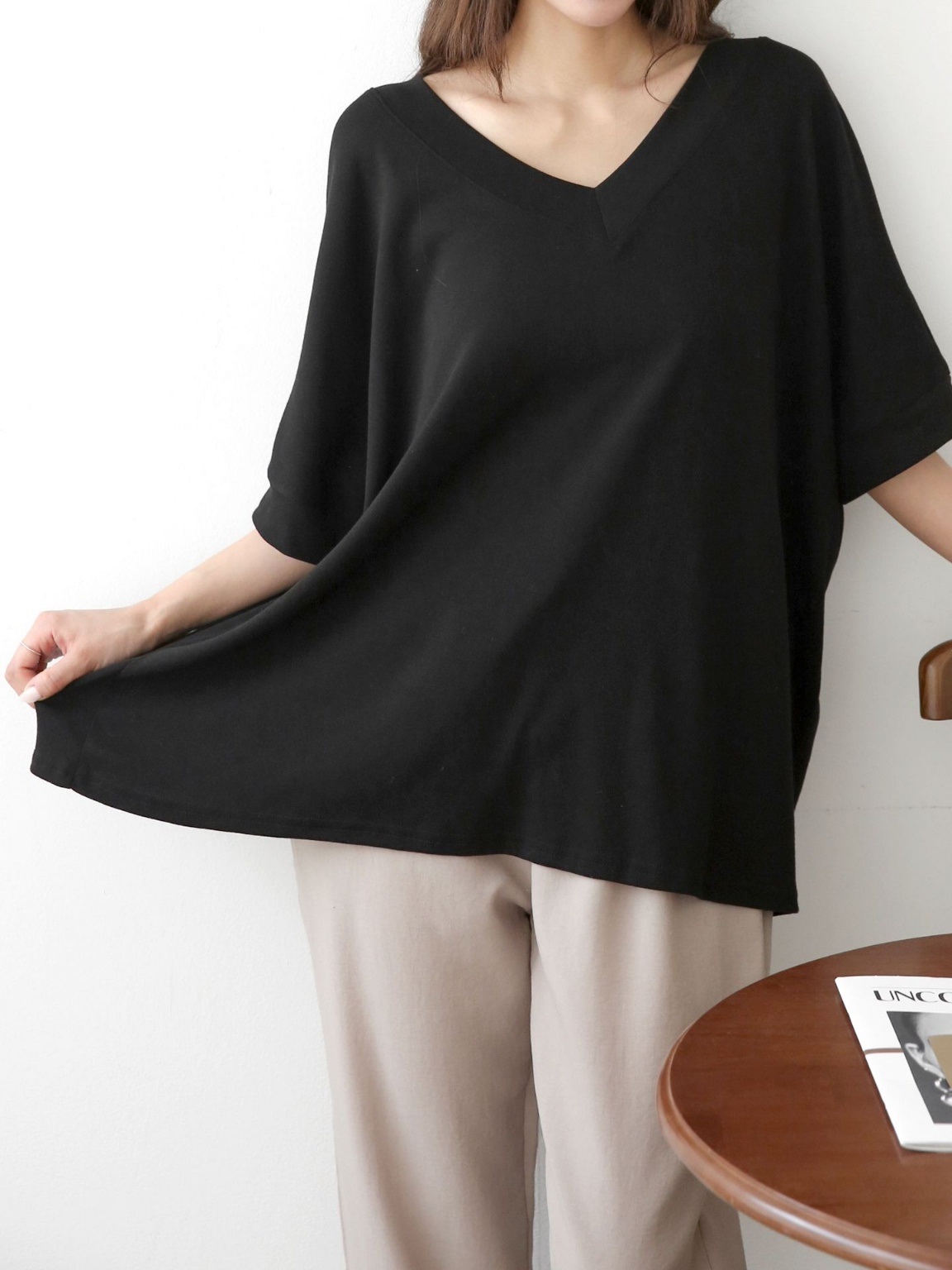 Vネックオーバーサイズルーズ半袖無地Tシャツ | 詳細画像5