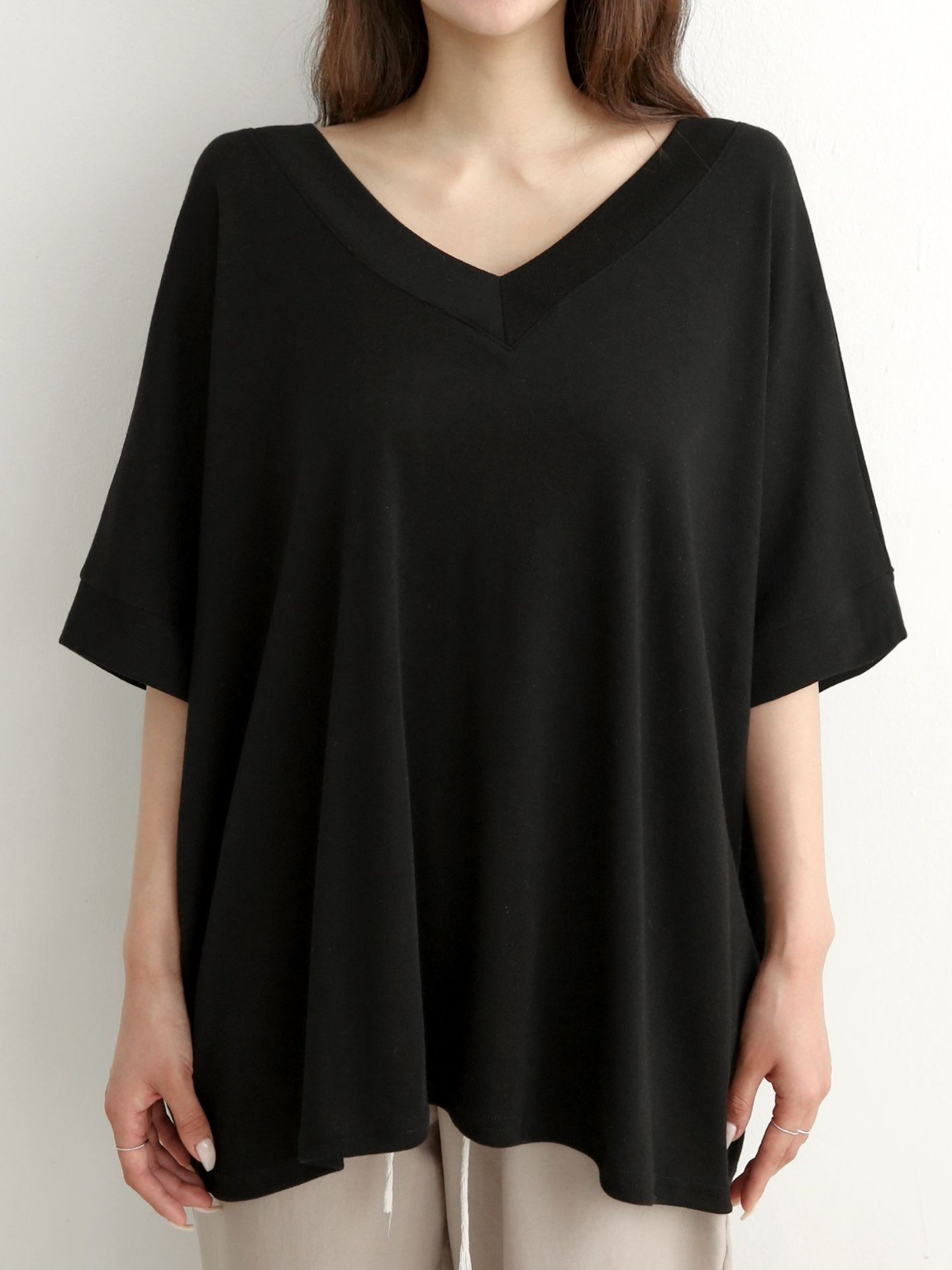 Vネックオーバーサイズルーズ半袖無地Tシャツ | 詳細画像6