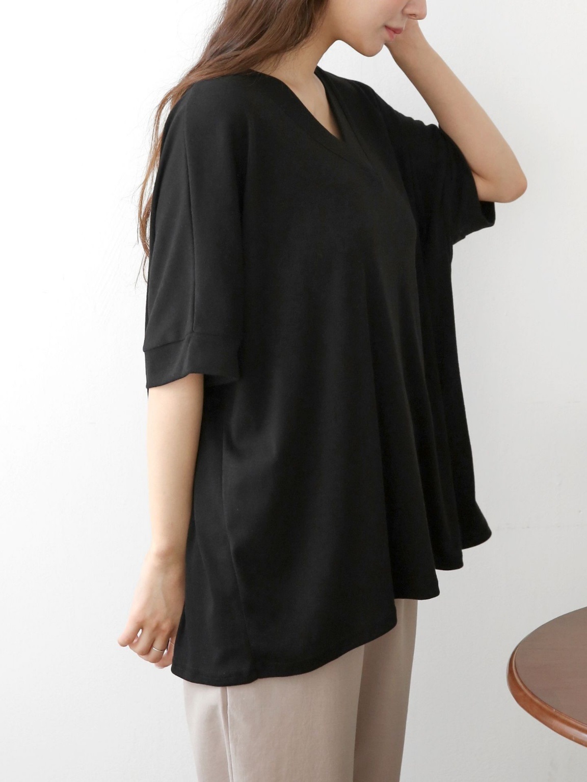 Vネックオーバーサイズルーズ半袖無地Tシャツ | 詳細画像16
