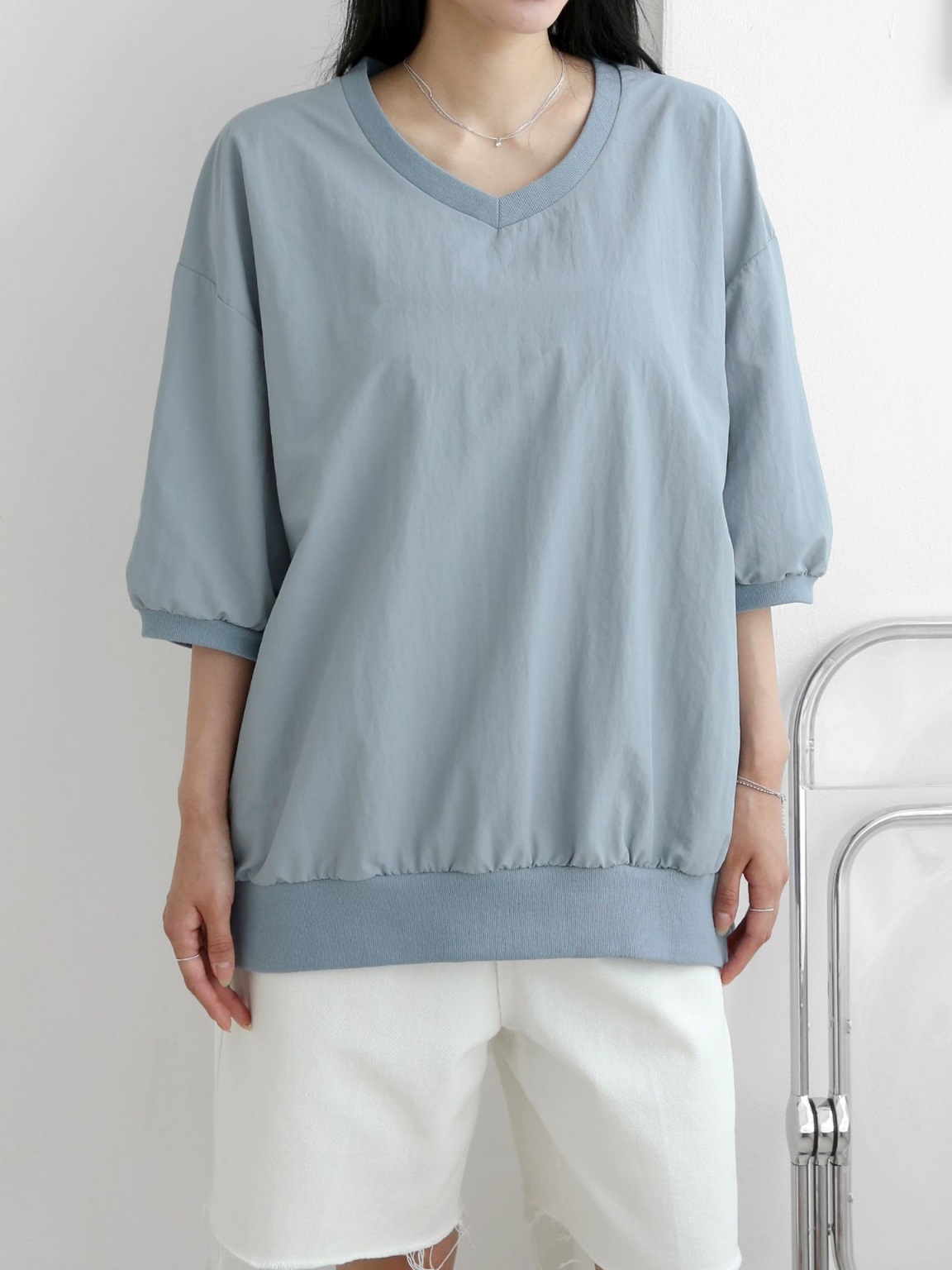 ナイロンラウンドネックスリットオーバーサイズルーズ半袖ハーフドロップショルダー無地スウェット | 詳細画像2