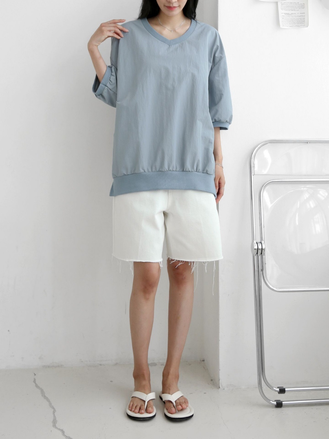 ナイロンラウンドネックスリットオーバーサイズルーズ半袖ハーフドロップショルダー無地スウェット | 詳細画像3