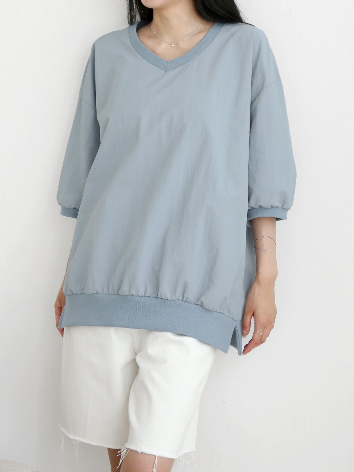 ナイロンラウンドネックスリットオーバーサイズルーズ半袖ハーフドロップショルダー無地スウェット | 詳細画像5