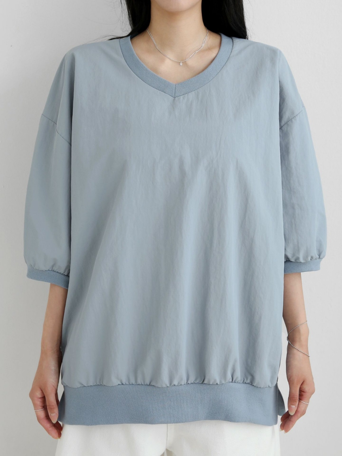 ナイロンラウンドネックスリットオーバーサイズルーズ半袖ハーフドロップショルダー無地スウェット | 詳細画像6