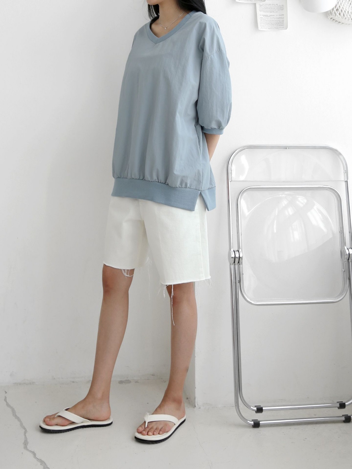 ナイロンラウンドネックスリットオーバーサイズルーズ半袖ハーフドロップショルダー無地スウェット | 詳細画像7