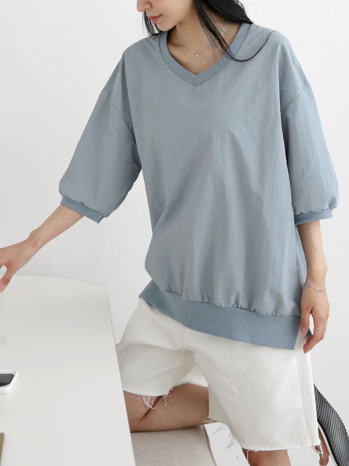 ナイロンラウンドネックスリットオーバーサイズルーズ半袖ハーフドロップショルダー無地スウェット | 詳細画像8