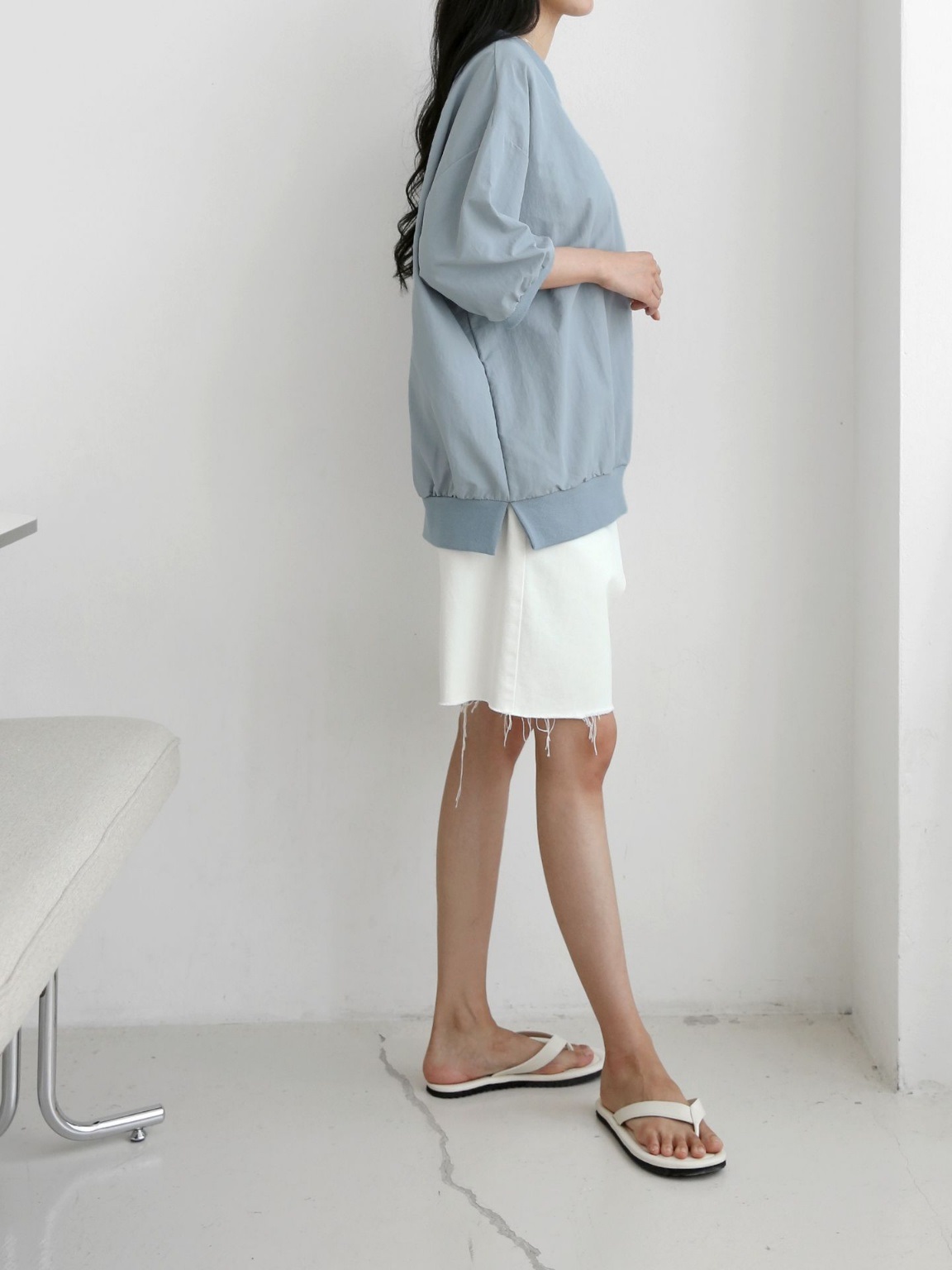 ナイロンラウンドネックスリットオーバーサイズルーズ半袖ハーフドロップショルダー無地スウェット | 詳細画像9