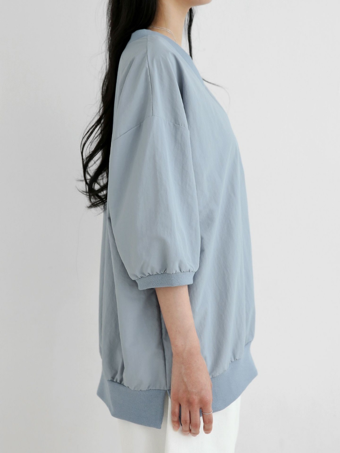 ナイロンラウンドネックスリットオーバーサイズルーズ半袖ハーフドロップショルダー無地スウェット | 詳細画像10