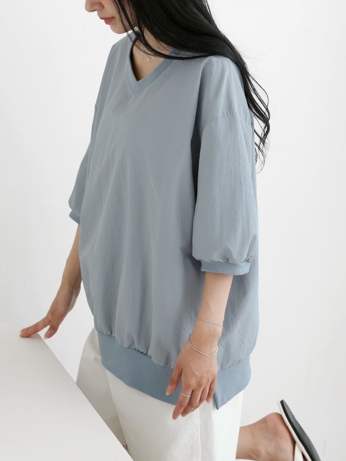 ナイロンラウンドネックスリットオーバーサイズルーズ半袖ハーフドロップショルダー無地スウェット | 詳細画像11