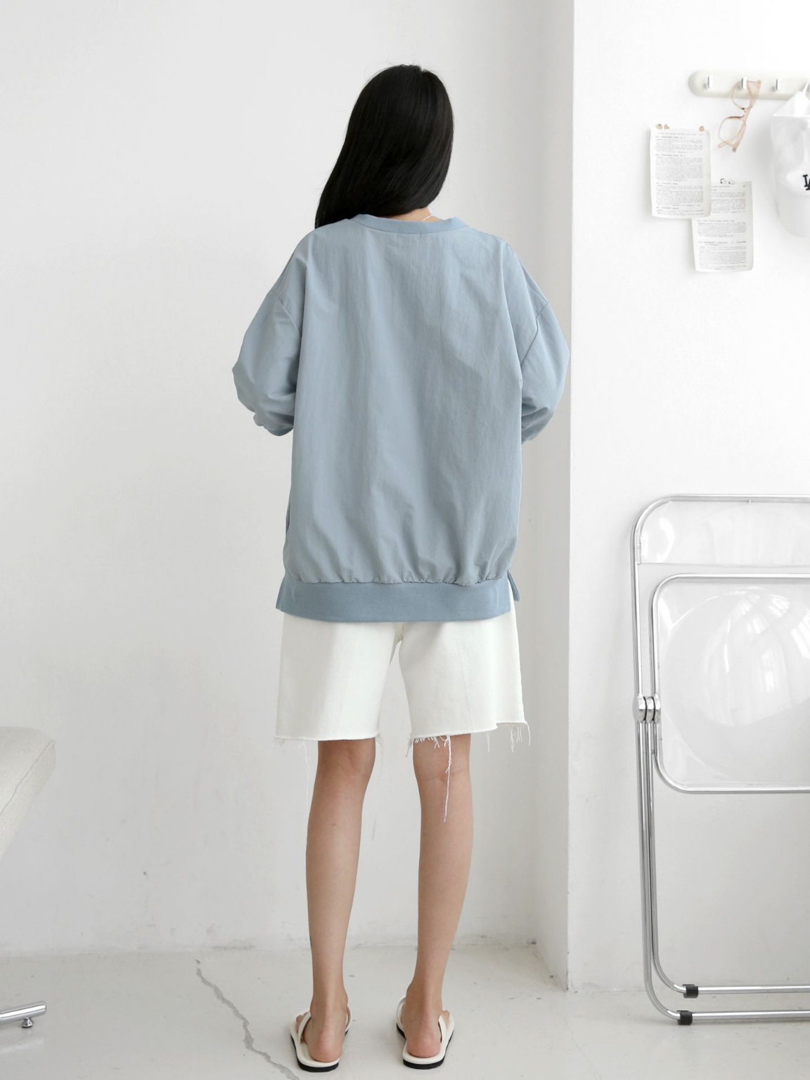 ナイロンラウンドネックスリットオーバーサイズルーズ半袖ハーフドロップショルダー無地スウェット | 詳細画像12