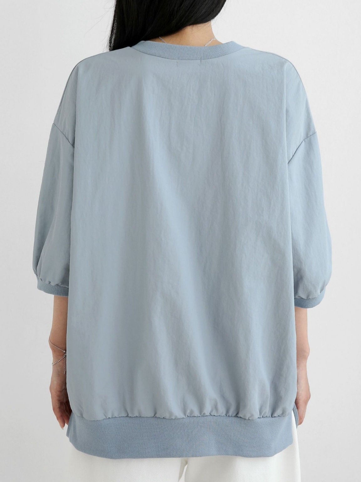 ナイロンラウンドネックスリットオーバーサイズルーズ半袖ハーフドロップショルダー無地スウェット | 詳細画像13