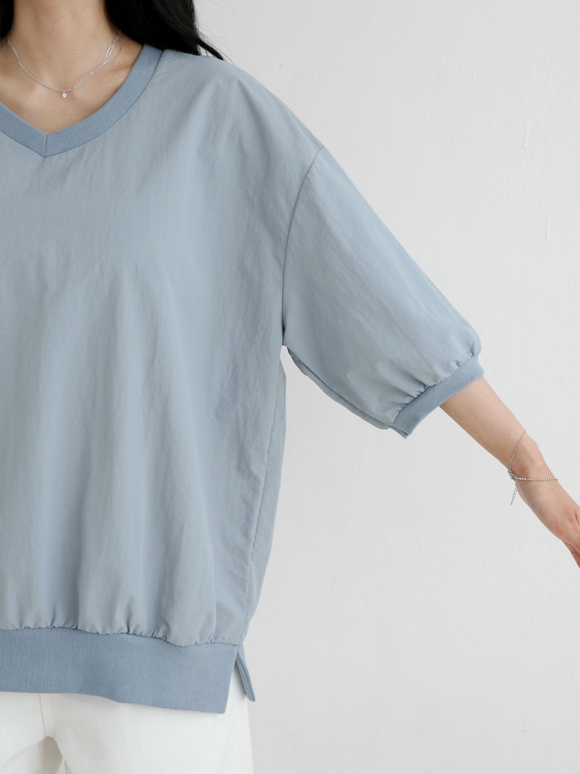 ナイロンラウンドネックスリットオーバーサイズルーズ半袖ハーフドロップショルダー無地スウェット | 詳細画像14