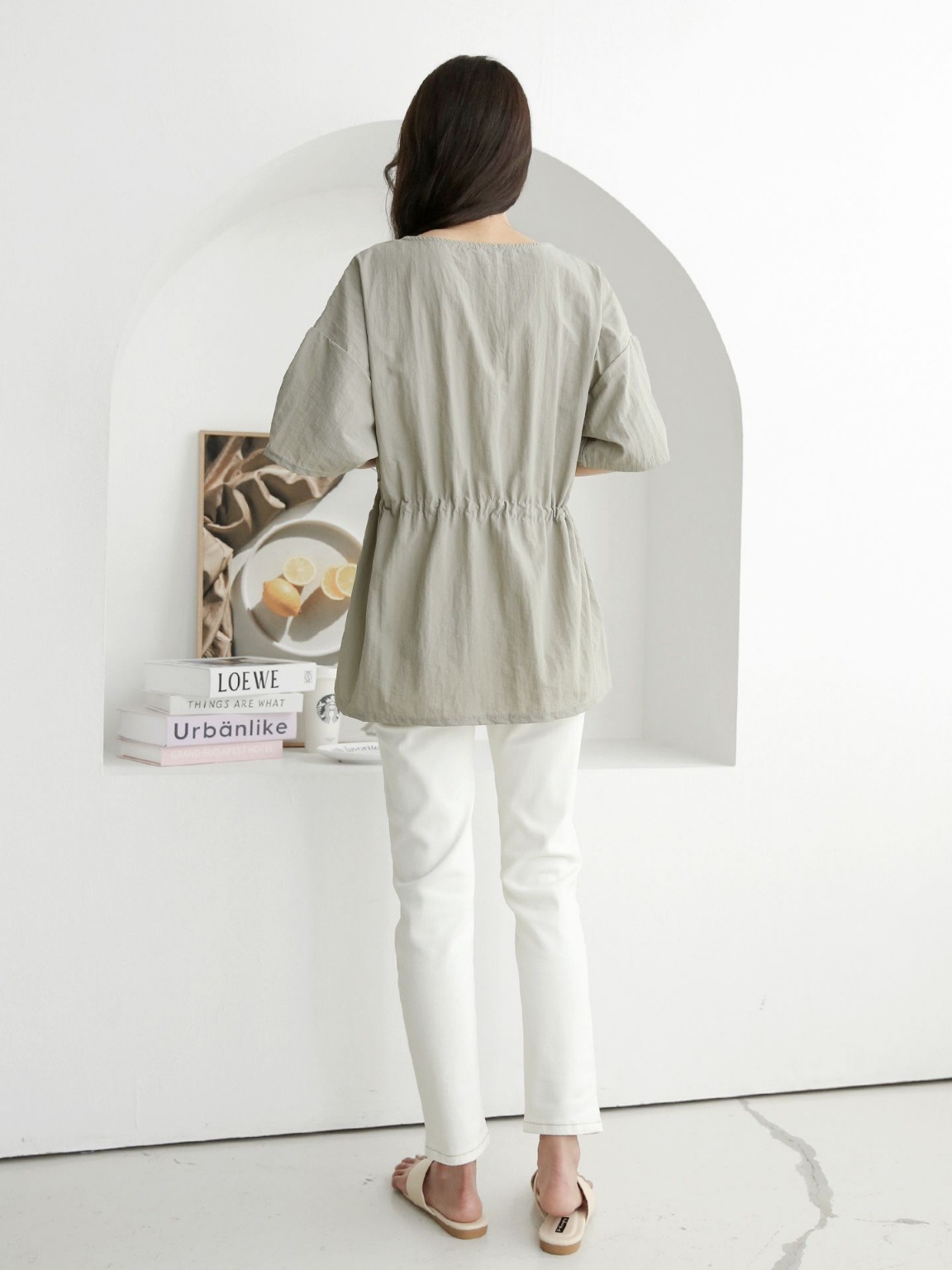 ナイロンシャーリングオーバーサイズドローコード半袖フレアAラインワイドネックハーフドロップショルダー無地Tシャツ | 詳細画像5