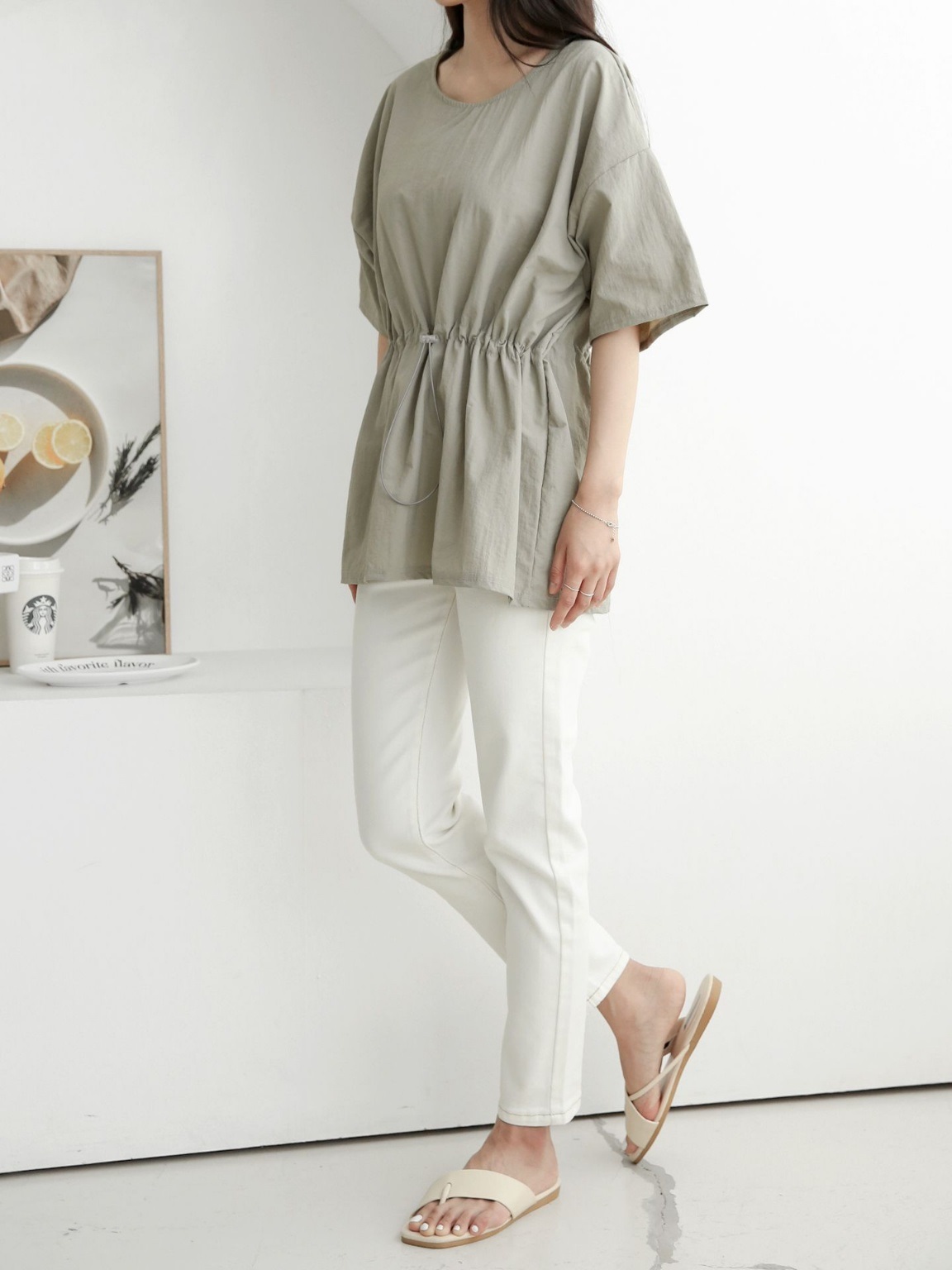 ナイロンシャーリングオーバーサイズドローコード半袖フレアAラインワイドネックハーフドロップショルダー無地Tシャツ | 詳細画像7