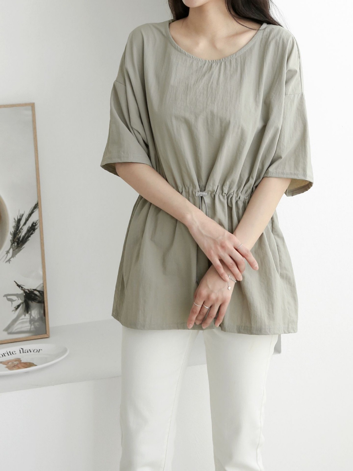 ナイロンシャーリングオーバーサイズドローコード半袖フレアAラインワイドネックハーフドロップショルダー無地Tシャツ | 詳細画像8