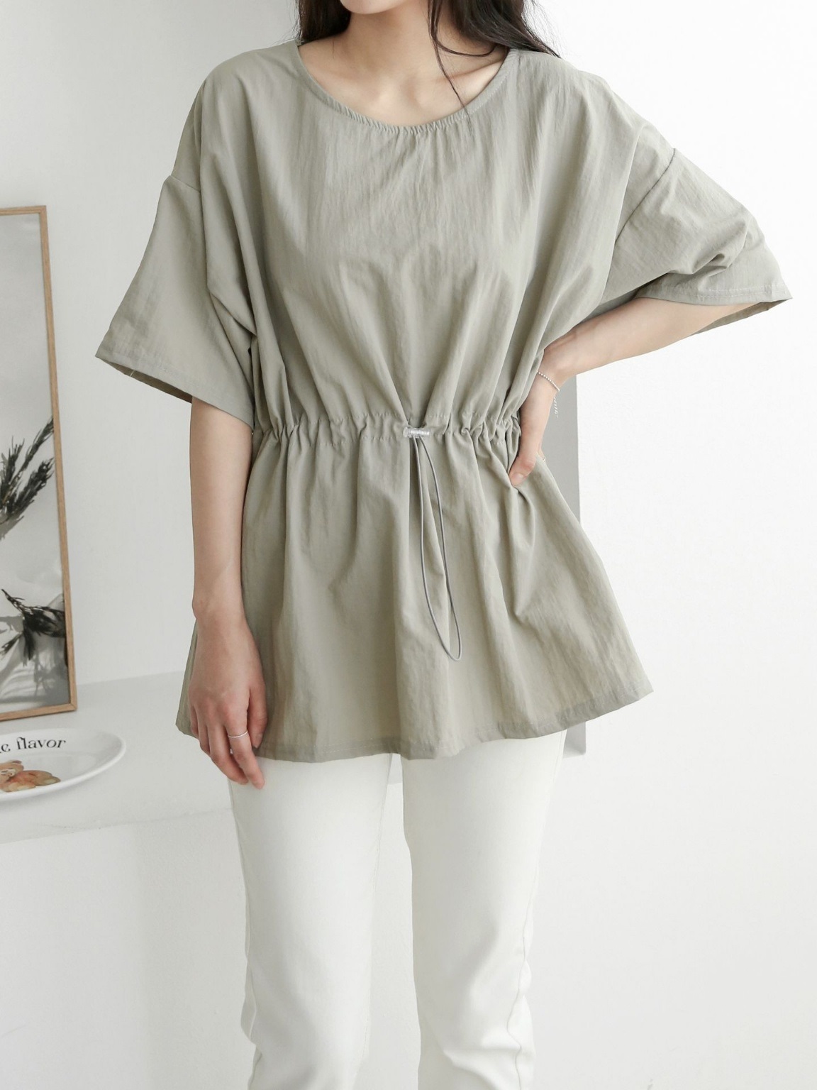 ナイロンシャーリングオーバーサイズドローコード半袖フレアAラインワイドネックハーフドロップショルダー無地Tシャツ | 詳細画像9