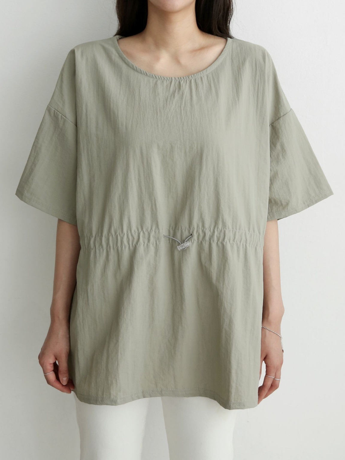 ナイロンシャーリングオーバーサイズドローコード半袖フレアAラインワイドネックハーフドロップショルダー無地Tシャツ | 詳細画像14