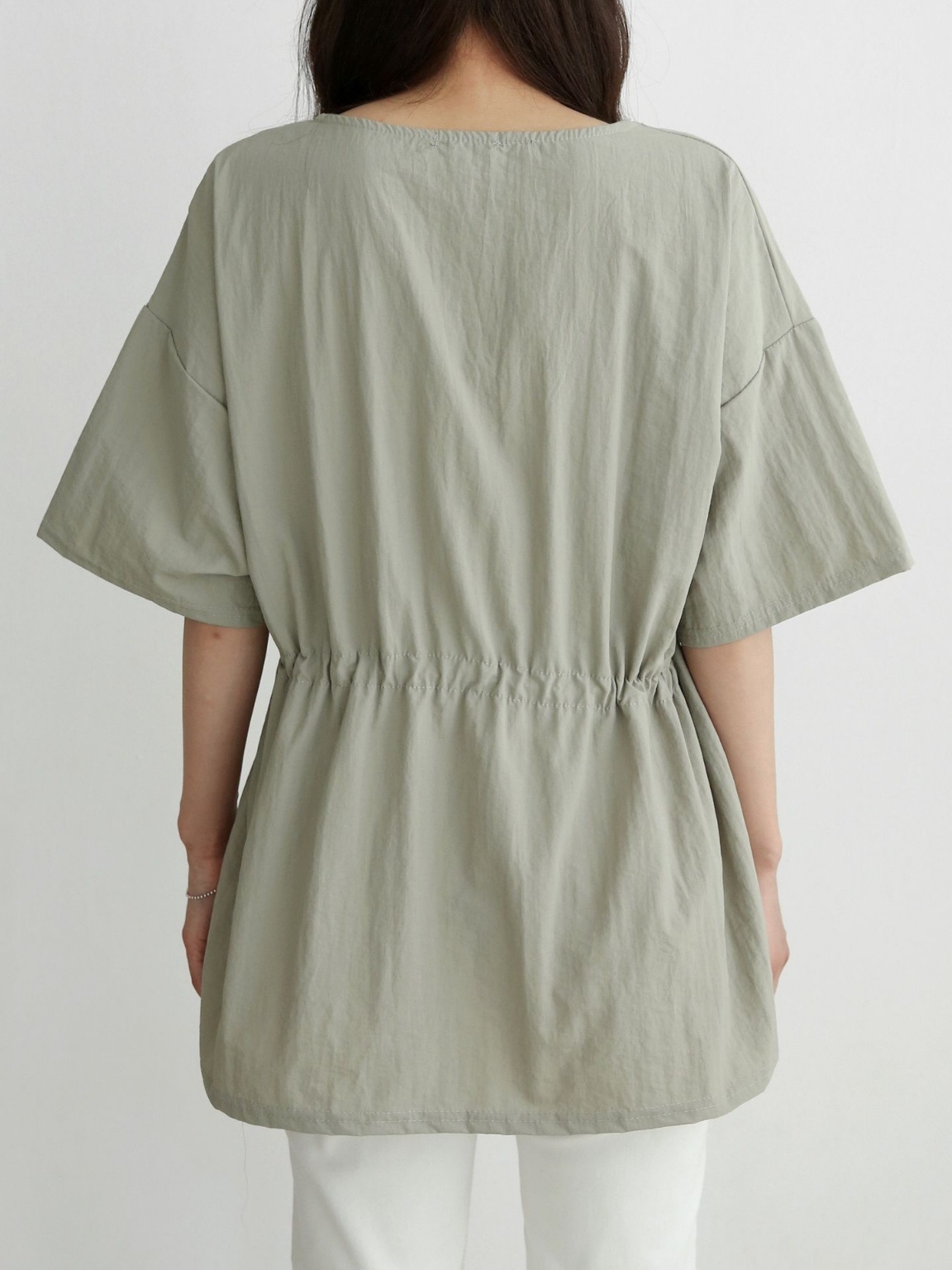 ナイロンシャーリングオーバーサイズドローコード半袖フレアAラインワイドネックハーフドロップショルダー無地Tシャツ | 詳細画像17