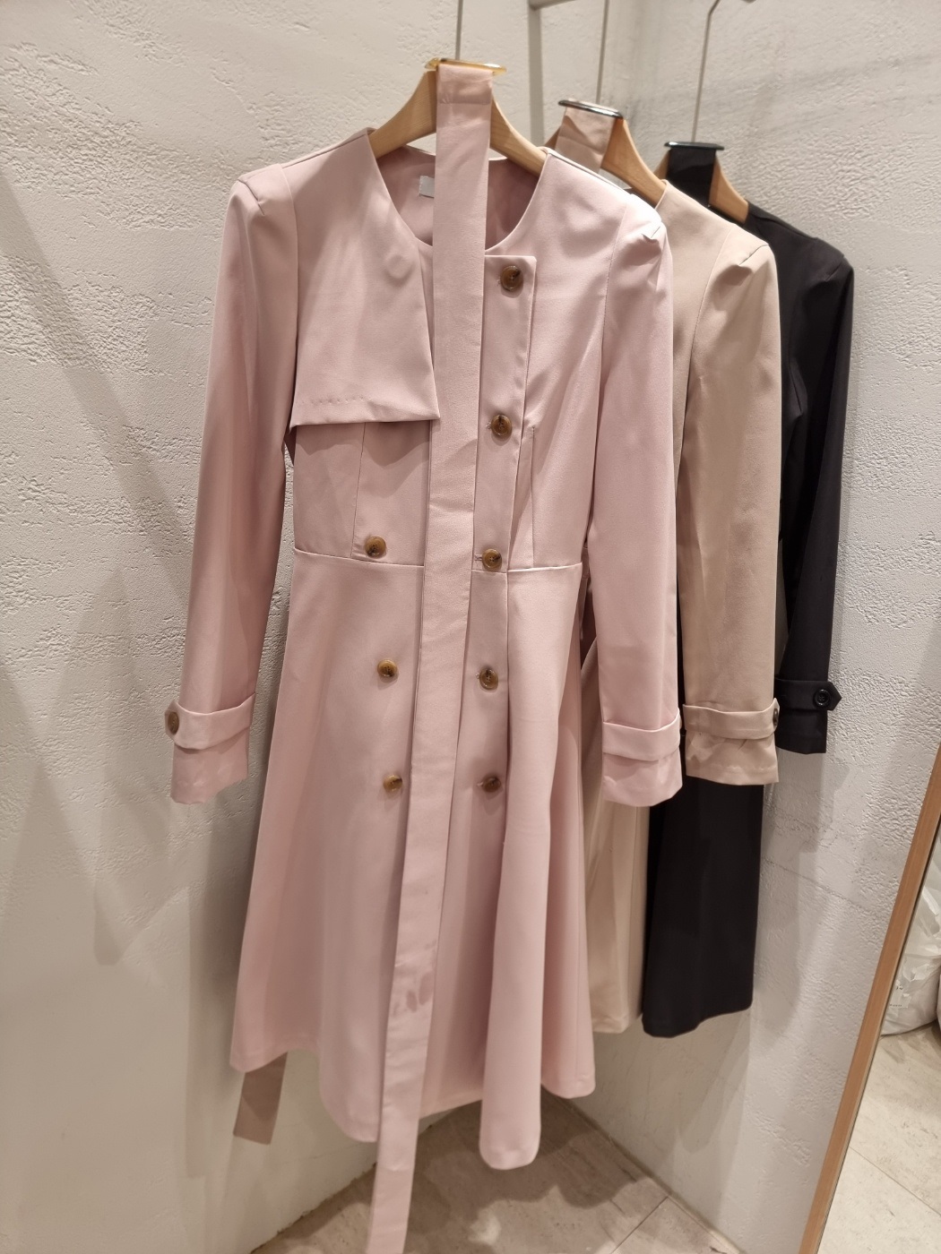 ラウンドネック肩パッドパフスリーブスリムロング長袖フレアAラインボタンスリーブループ無地ワンピースベルト付 | 詳細画像22