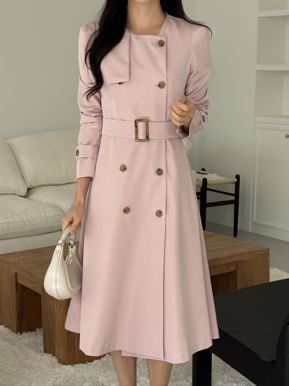 ラウンドネック肩パッドパフスリーブスリムロング長袖フレアAラインボタンスリーブループ無地ワンピースベルト付 | 詳細画像6