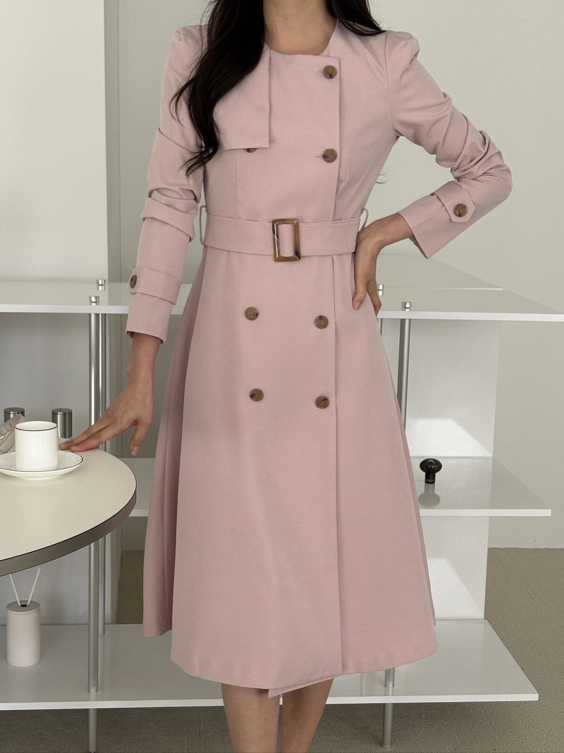 ラウンドネック肩パッドパフスリーブスリムロング長袖フレアAラインボタンスリーブループ無地ワンピースベルト付 | 詳細画像7