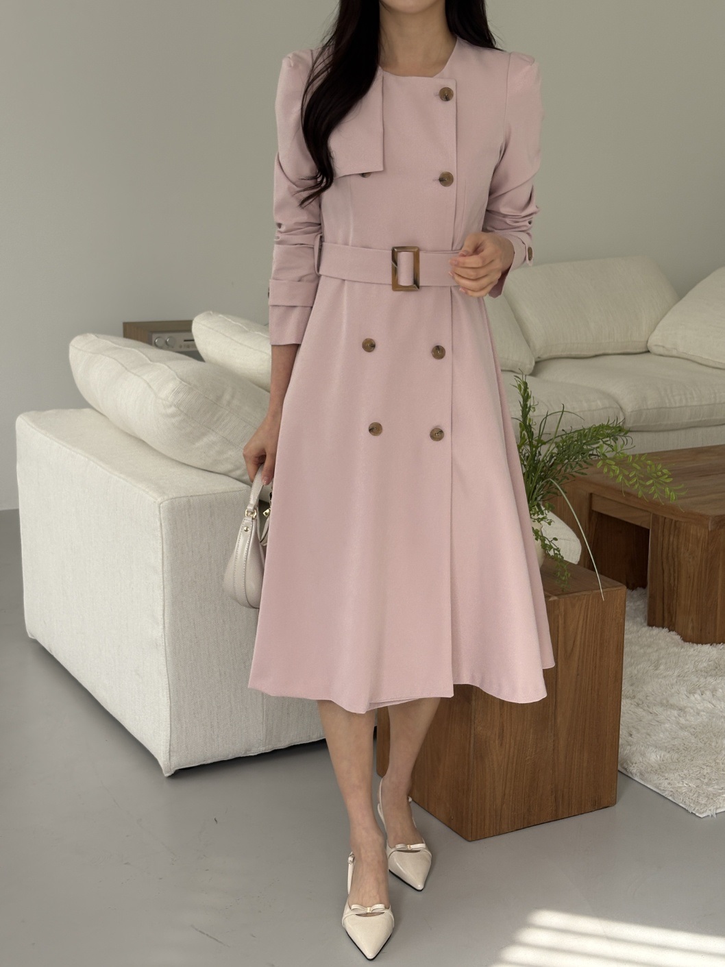 ラウンドネック肩パッドパフスリーブスリムロング長袖フレアAラインボタンスリーブループ無地ワンピースベルト付 | 詳細画像11