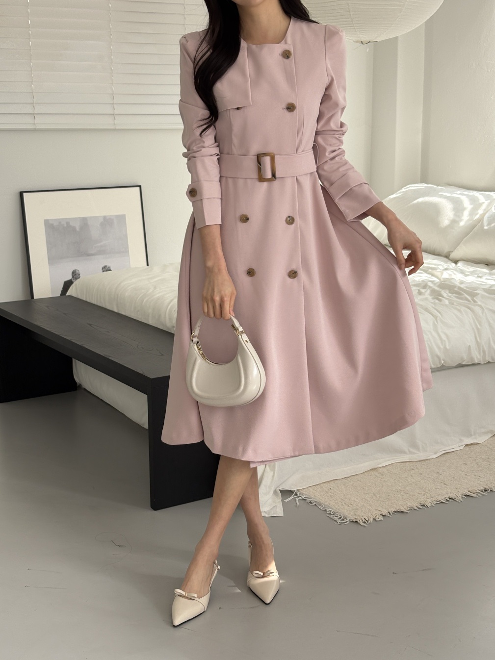 ラウンドネック肩パッドパフスリーブスリムロング長袖フレアAラインボタンスリーブループ無地ワンピースベルト付 | 詳細画像15