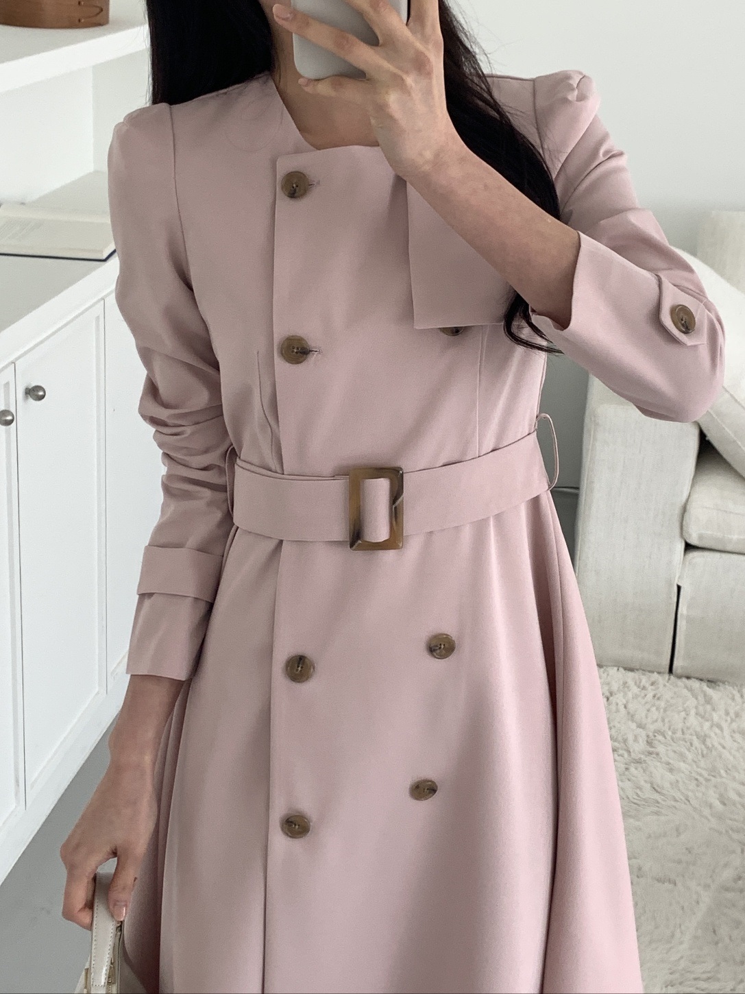 ラウンドネック肩パッドパフスリーブスリムロング長袖フレアAラインボタンスリーブループ無地ワンピースベルト付 | 詳細画像16