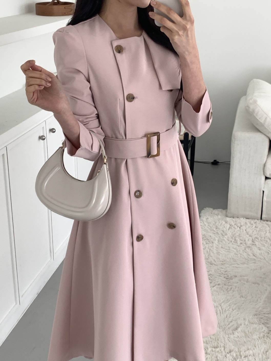 ラウンドネック肩パッドパフスリーブスリムロング長袖フレアAラインボタンスリーブループ無地ワンピースベルト付 | 詳細画像17