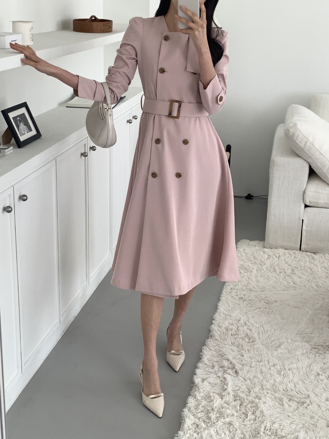 ラウンドネック肩パッドパフスリーブスリムロング長袖フレアAラインボタンスリーブループ無地ワンピースベルト付 | 詳細画像18