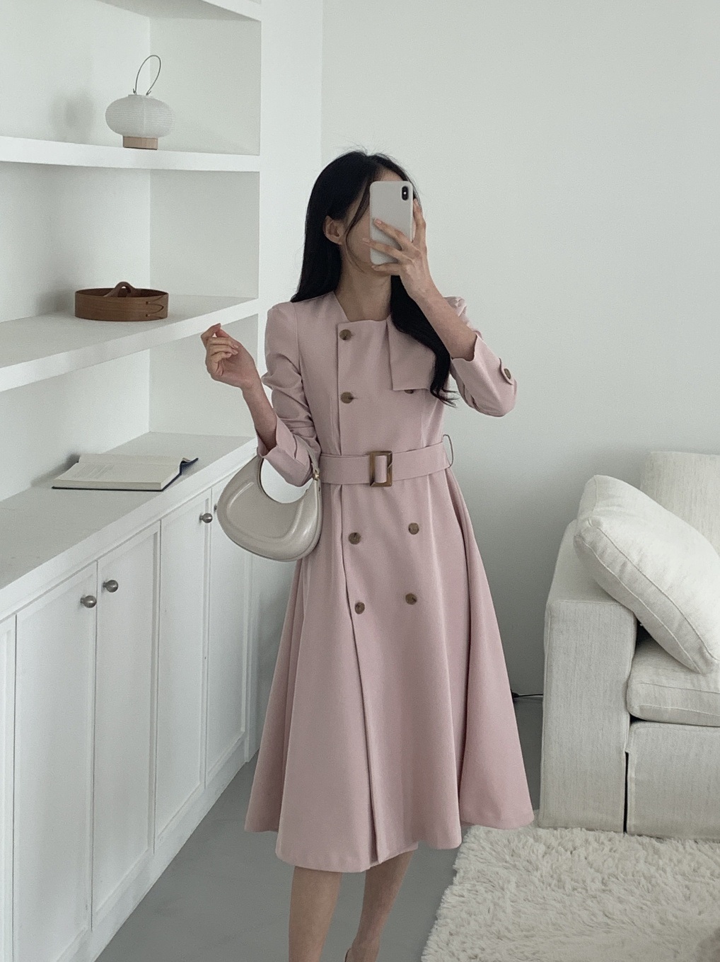 ラウンドネック肩パッドパフスリーブスリムロング長袖フレアAラインボタンスリーブループ無地ワンピースベルト付 | 詳細画像19